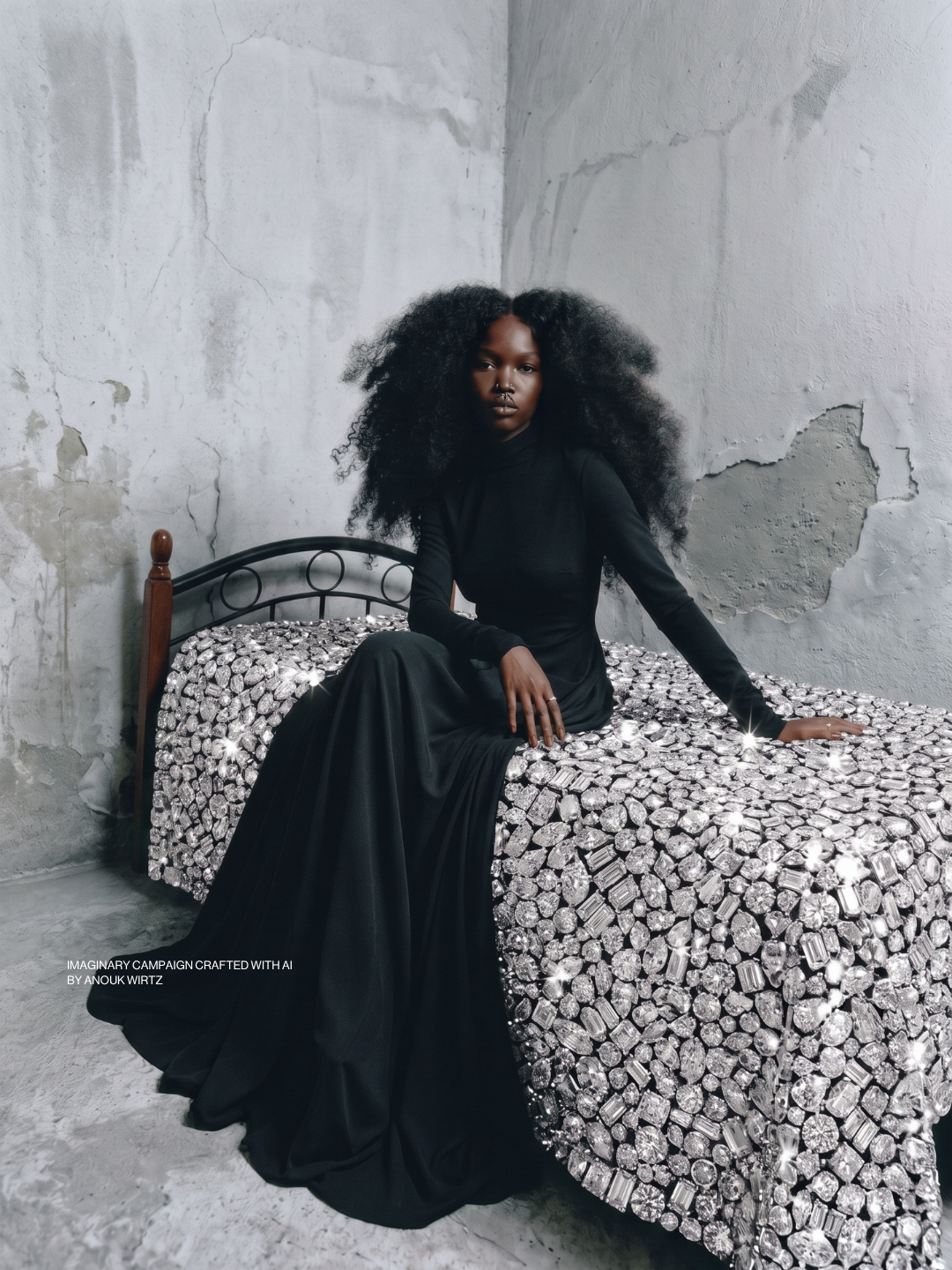 A woman with voluminous curly hair wearing a long black dress sitting on a bed covered in silver rhinestones in a minimalist room with a distressed white wall.