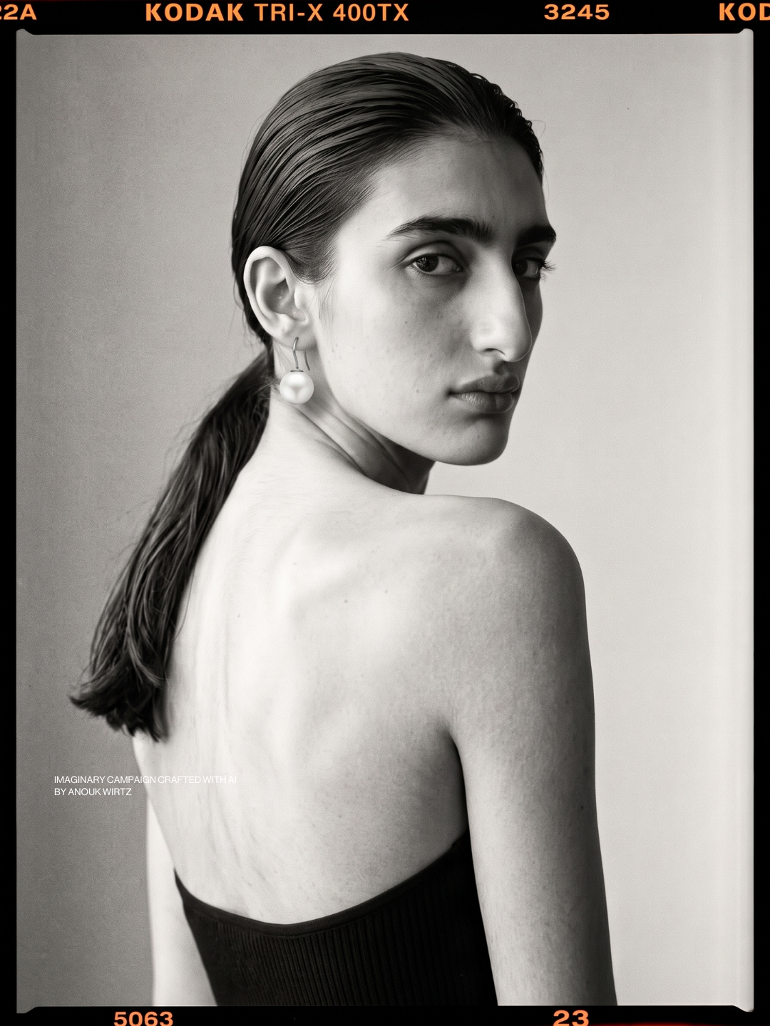 Black and white portrait of a young woman with dark hair slicked back, wearing a large pearl earring, and a strapless top, photographed with a neutral background.