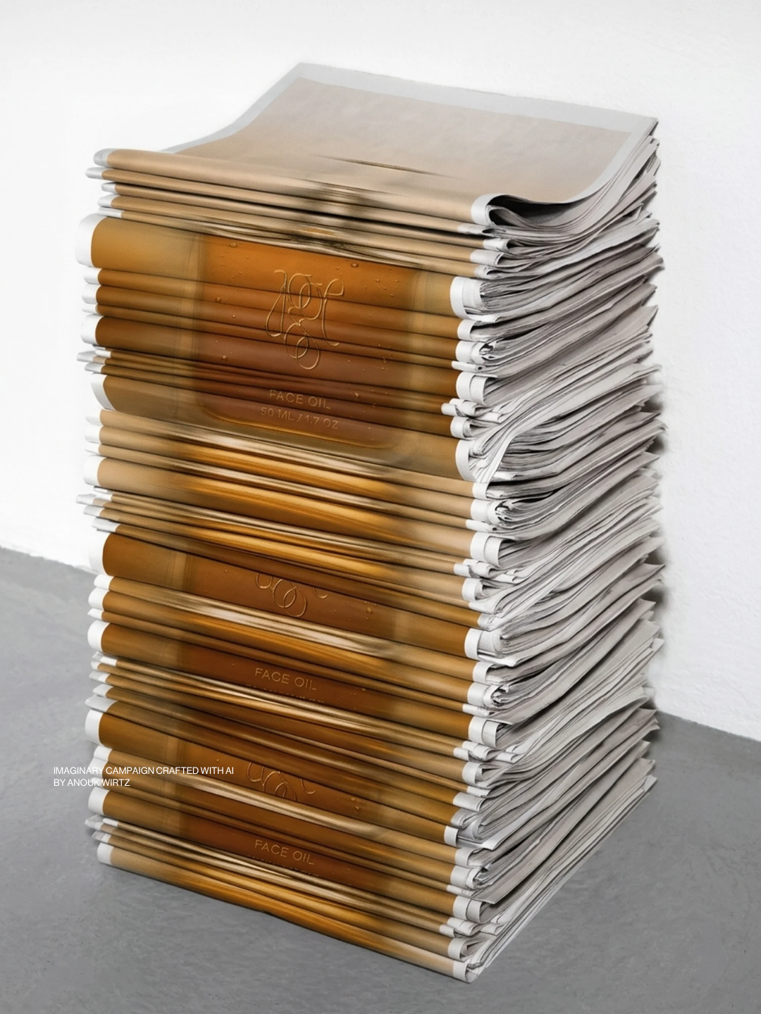 A tall stack of printed paper flyers or leaflets featuring a large image of a face oil bottle with a gold label, arranged against a white wall and gray floor.