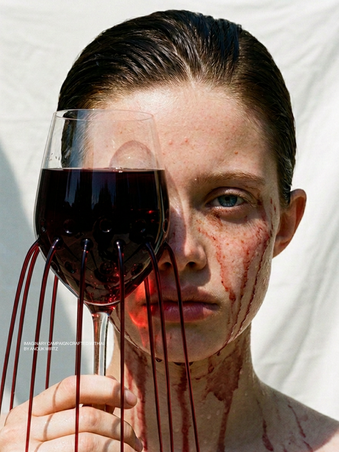 A person with wet hair holding a glass of red wine in front of one eye, with red paint or blood streaks on their face and neck, against a plain white background.