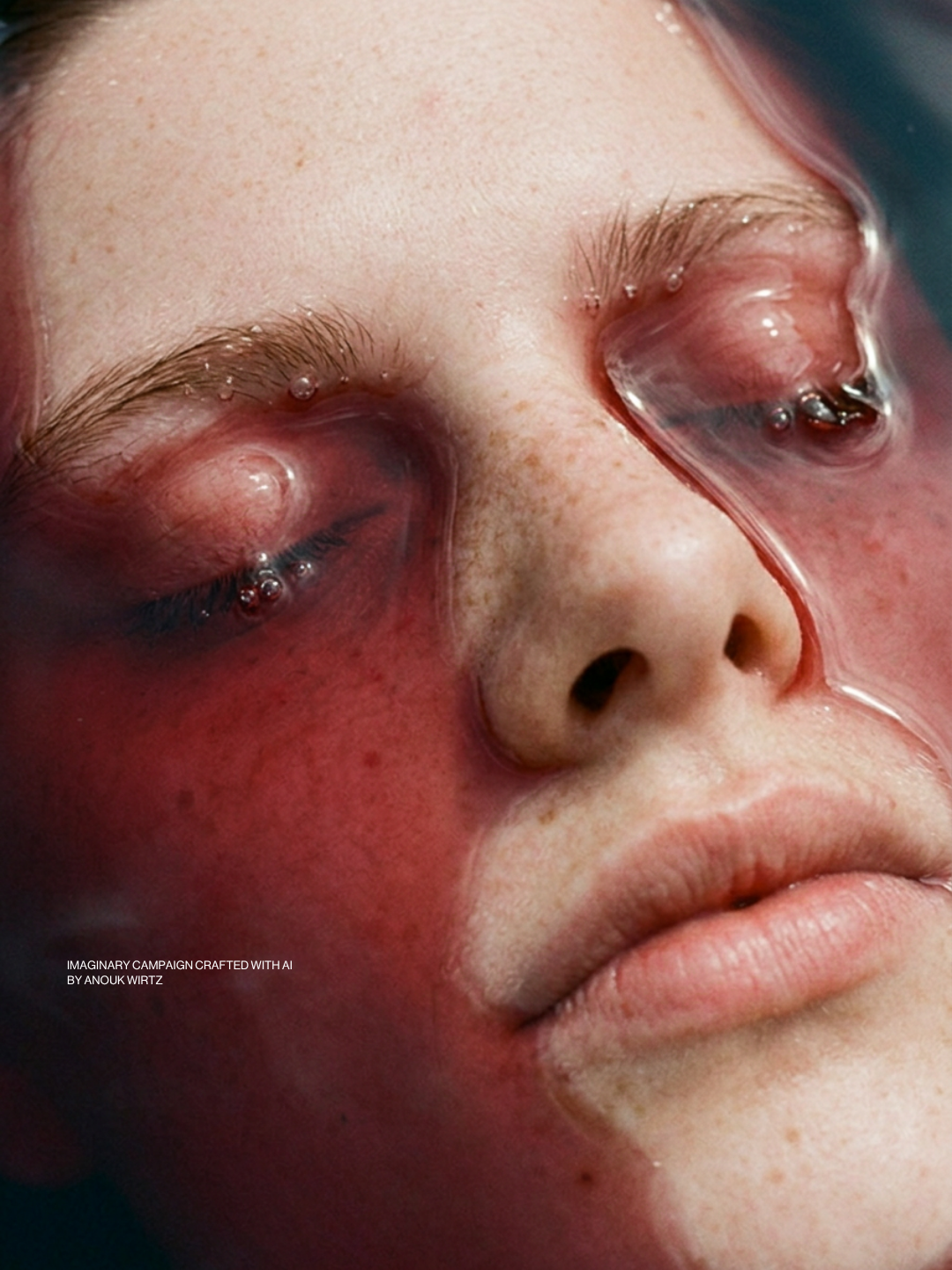 A person with closed eyes submerged in water, with bubbles on their eyelids, nose, and lips.