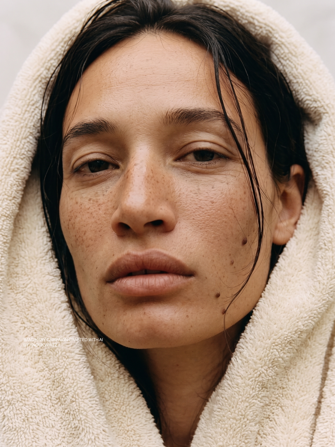 Close-up of a woman's face with dark hair, freckles, and a few moles, wrapped in a soft, beige towel or blanket.
