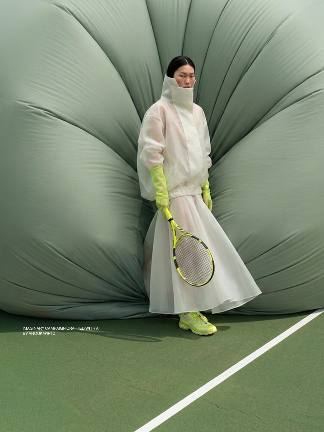Fashion model in futuristic white outfit holding a tennis racket, standing against a large textured green backdrop on a tennis court.