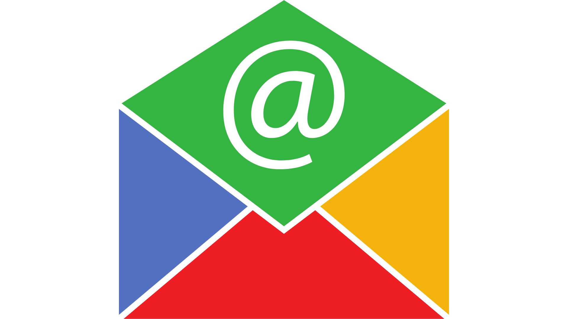 Illustration of an envelope with the Google Gmail logo on it, featuring four colored sections: green top with '@' symbol, blue left, yellow right, and red bottom.