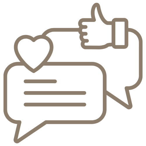 Outline of a thumbs-up symbol, a heart, and two speech bubbles with lines of text.