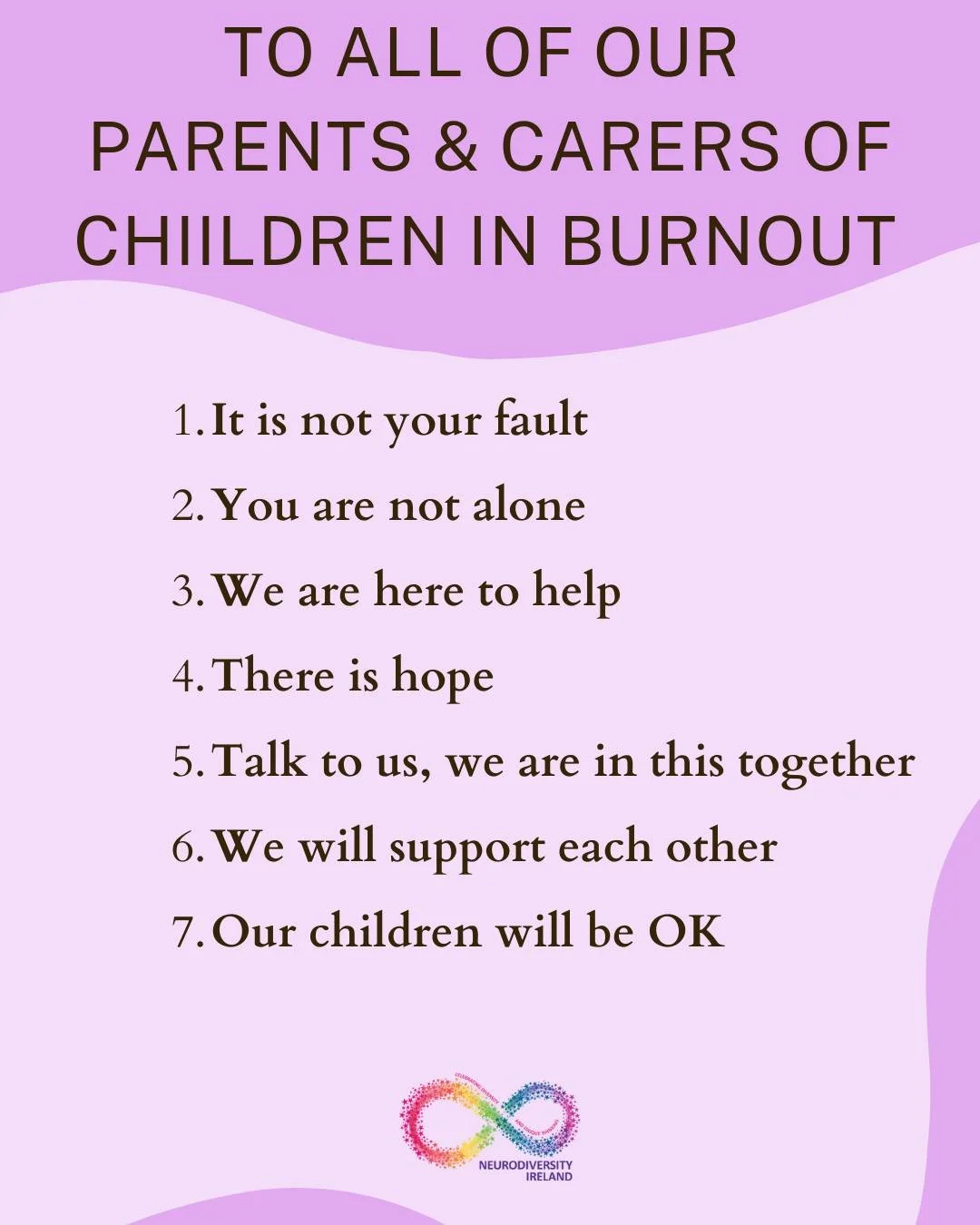 Having a child who is in burnout and who cannot attend school, full time or at all, is painfully isolating and can cause extreme familial distress.  Our charity is here to help.  Contact info@neurodiversityireland.com or visit www.neurodiversityirela