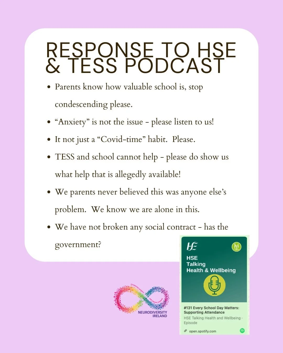 Frustrating listening to HSE and TESS discuss how parents are to blame for children being unable to attend school. Link in story. 

The lack of understanding or even acknowledgment of neurodivergent children is not acceptable. 

The campaign discrimi