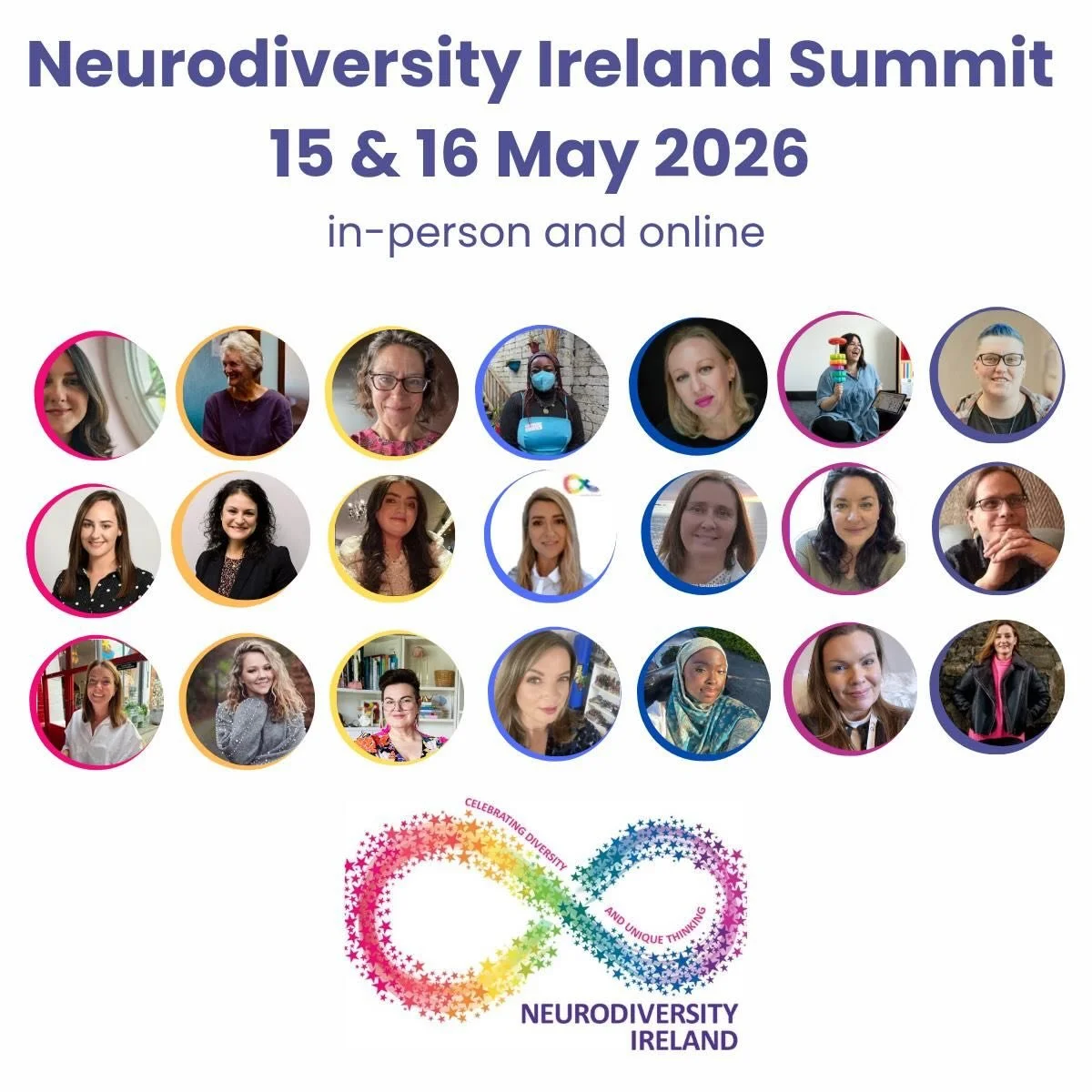 🌈 Neurodiversity Ireland Summit 2026 🌈

Join us this May for two days of learning, connection and truly shifting how we understand neurodivergence.

This summit brings together lived experience, professional insight, and a shared goal
to move away 