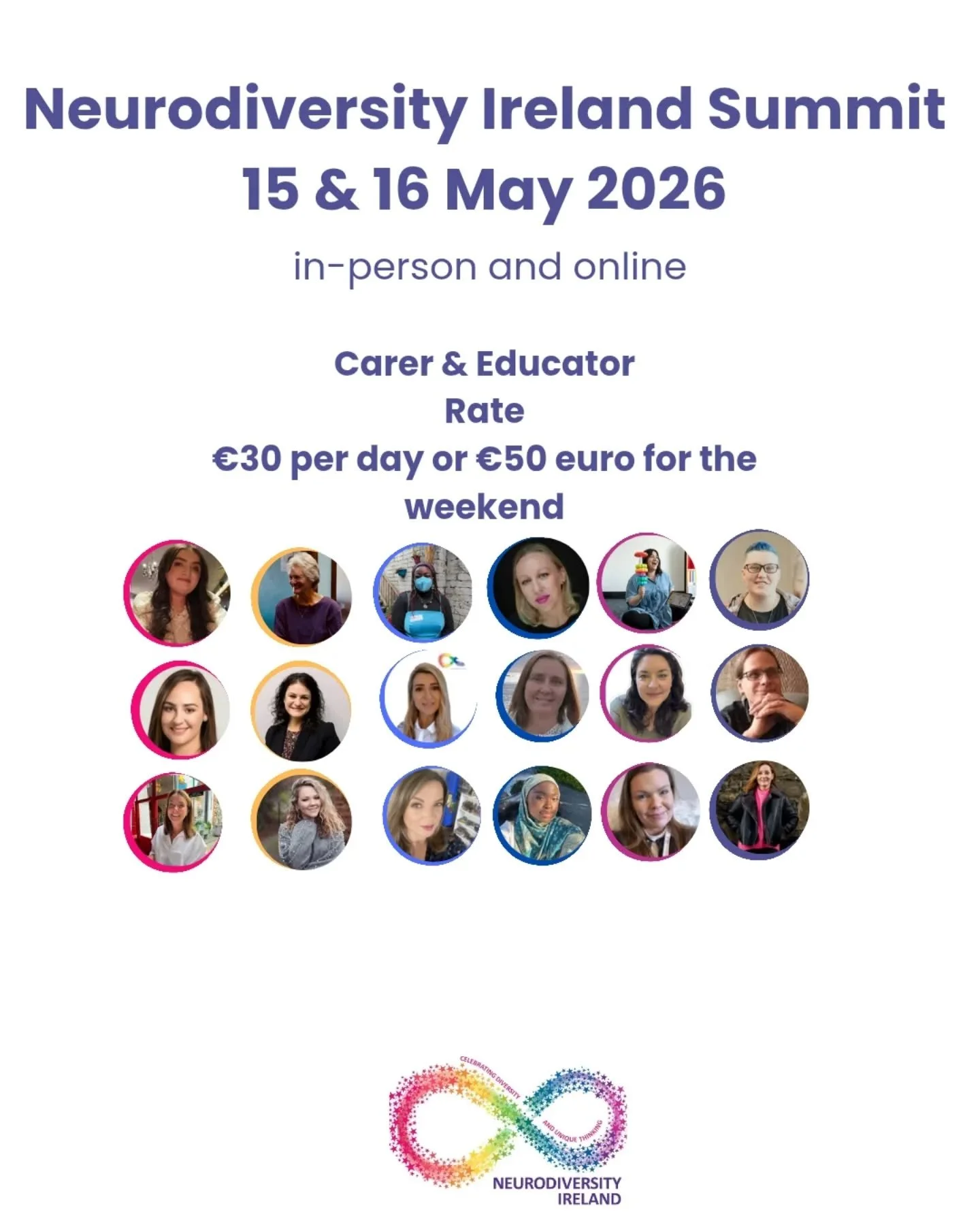 We are happy to share that Carers and Educators can avail of a reduced rate for the Neurodiversity Ireland Summit 🌈 This applies to both in-person and online ticket holders.

We want to make this Summit as accessible as possible and we hope this mov