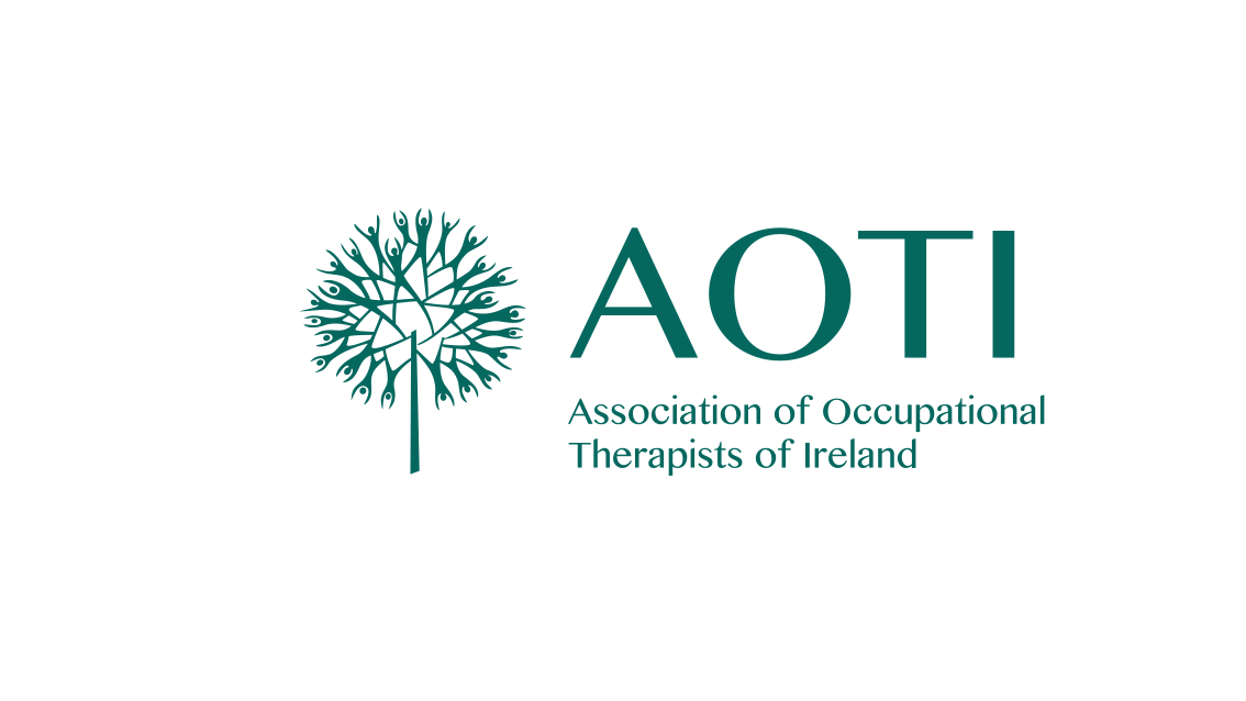 Logo of the Association of Occupational Therapists of Ireland, with a teal tree icon and teal text on a black background.
