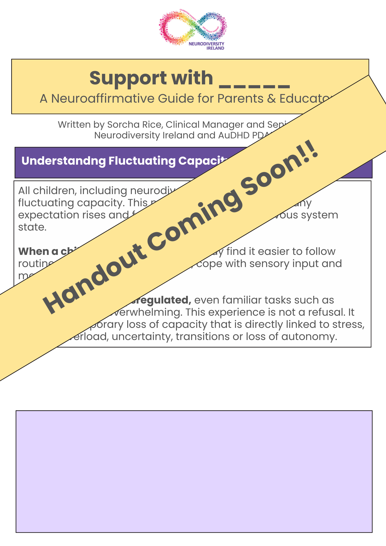 A preview of a neurodiversity support handout titled "Support with**" with a yellow banner across the image stating "Handout Coming Soon!!" and the Neurodiversity Ireland logo at the top.