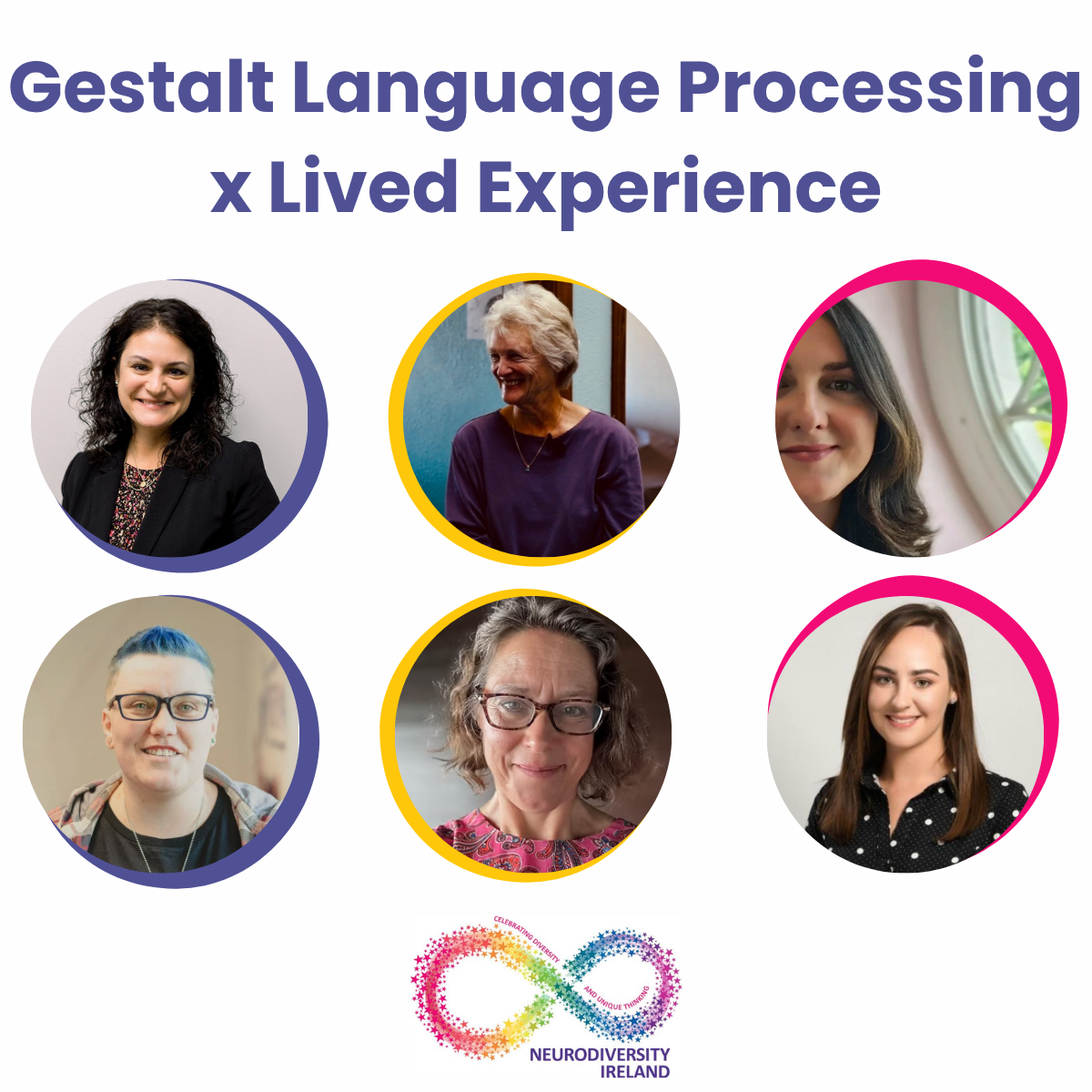 Poster titled "Gestalt Language Processing x Lived Experience" featuring six women in circular photos, with the Neurodiversity Ireland logo at the bottom.