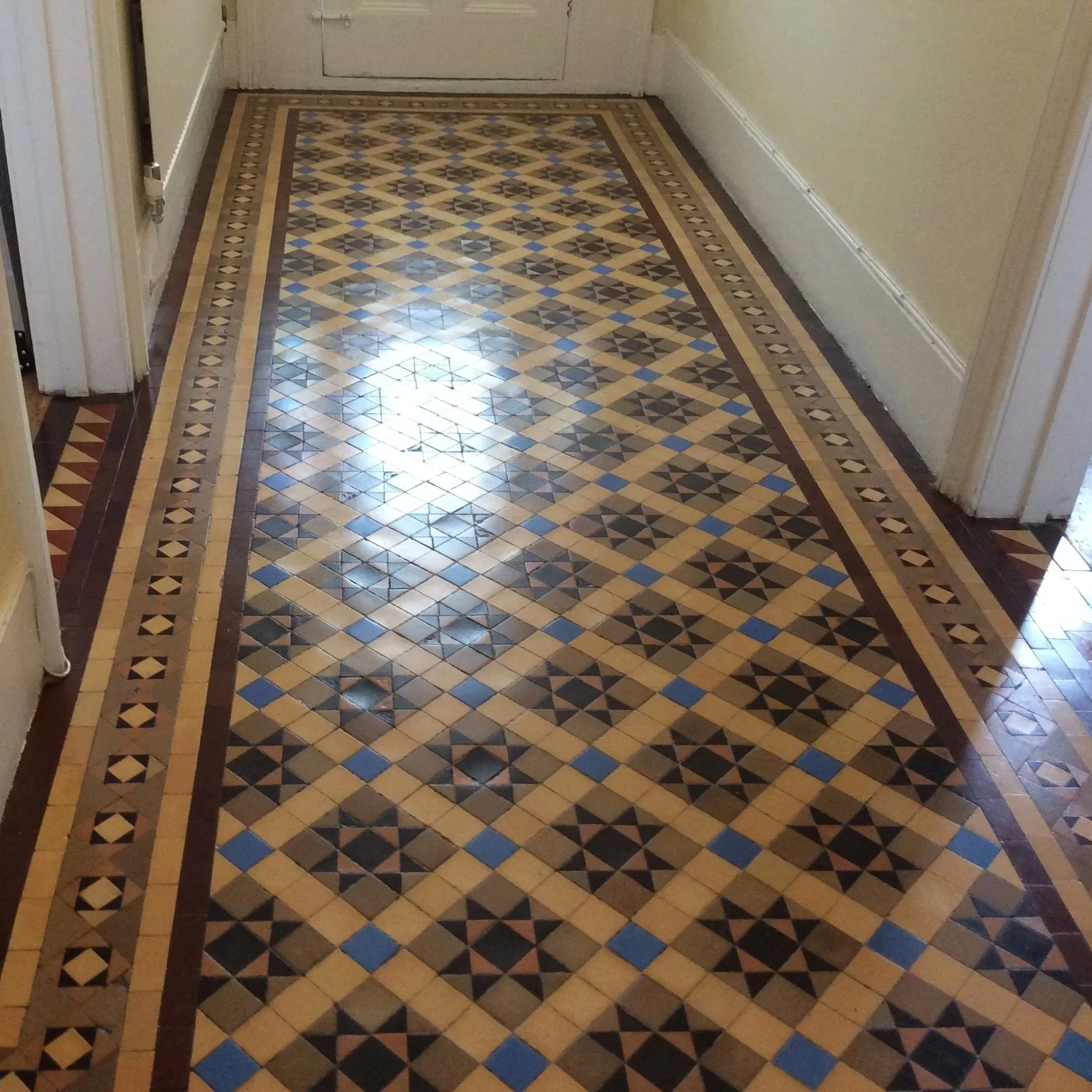 Decorative patterned tile floor in a hallway with a geometric design in tan, black, and blue, bordered by a dark and light brown pattern.