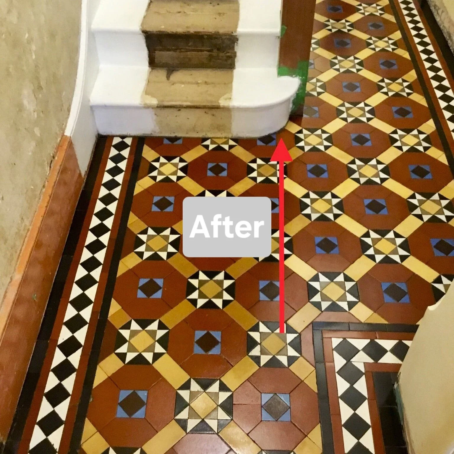 Newly tiled patterned floor with a staircase removed, revealing the uneven surface and original wood underneath. An 'After' label and red arrow indicating the restored area.