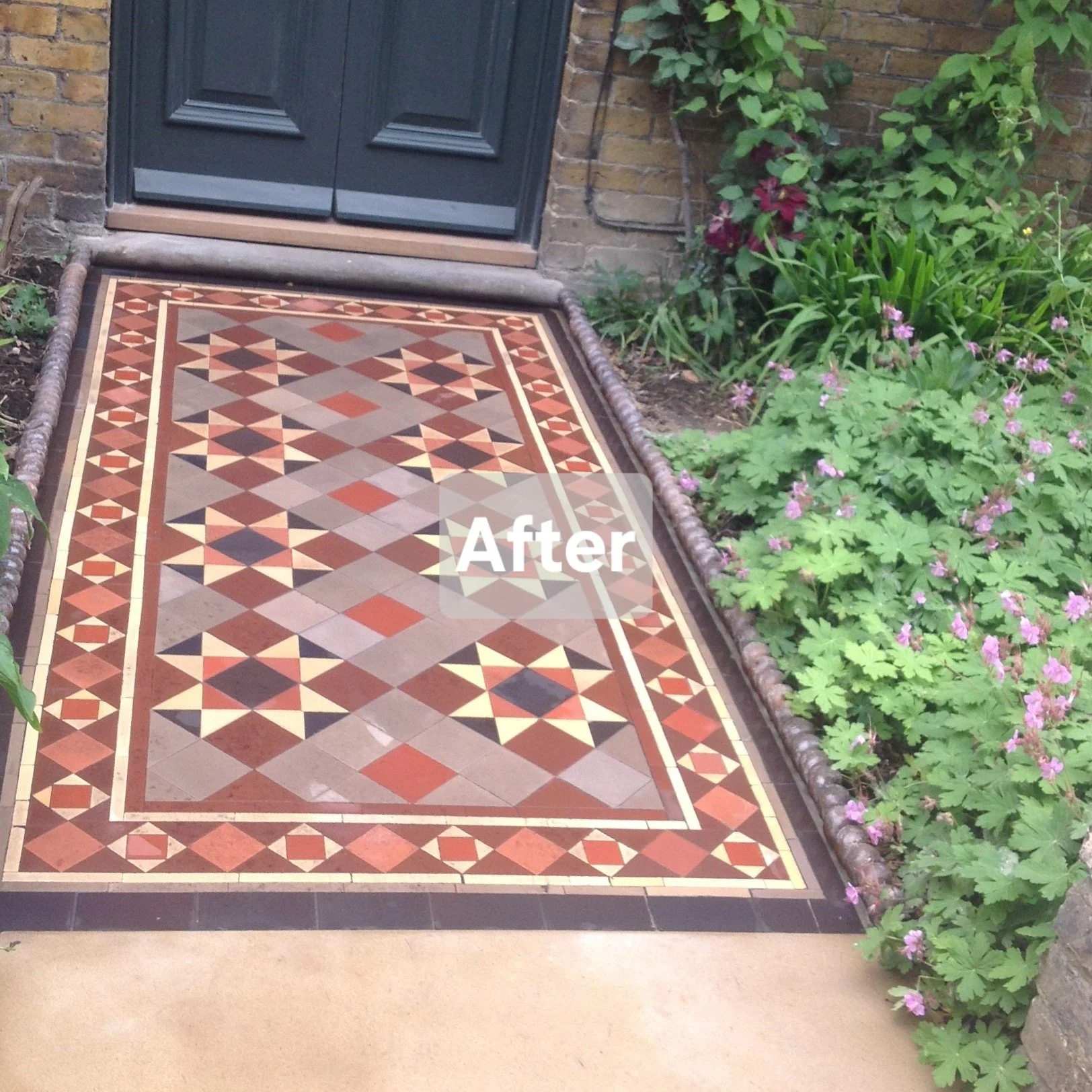 Small front pathway all restored and intact with new stone fitted at the pavement end. Overlay says "After"
