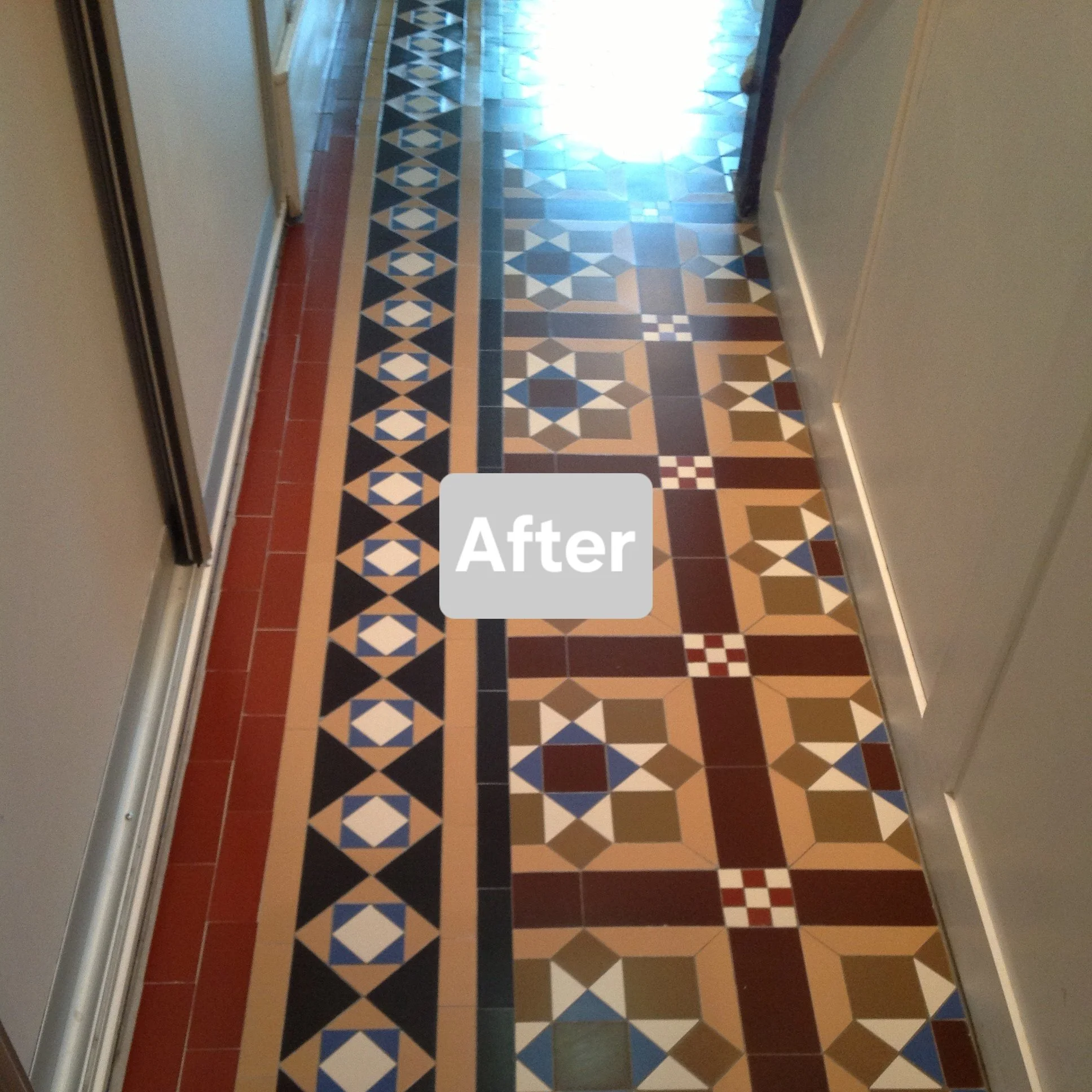 Colorful tiled hallway floor with geometric patterns and an 'After' label in the center.