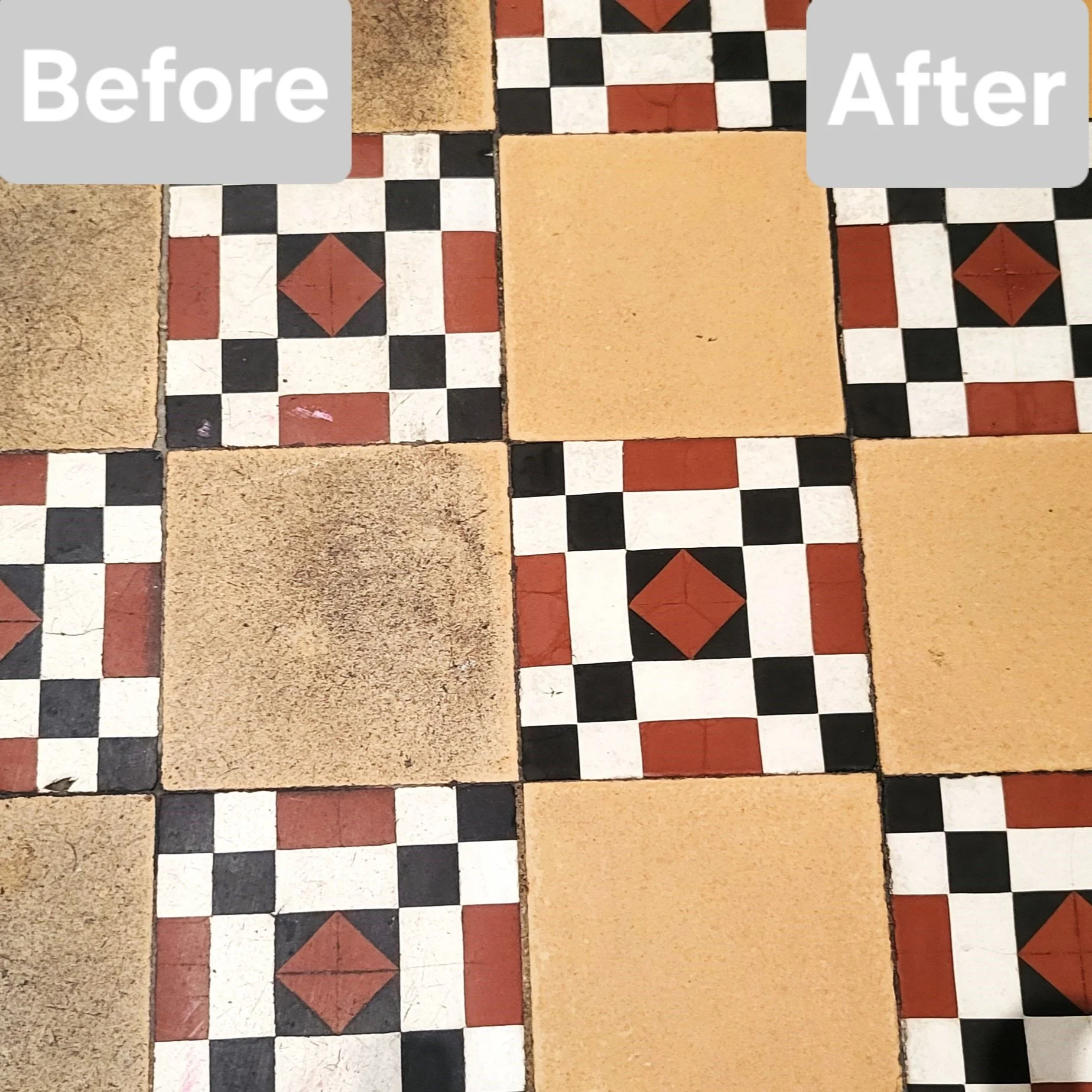 Tiled floor with 'Before' and 'After' labels at the top showing half of the area chemically cleaned