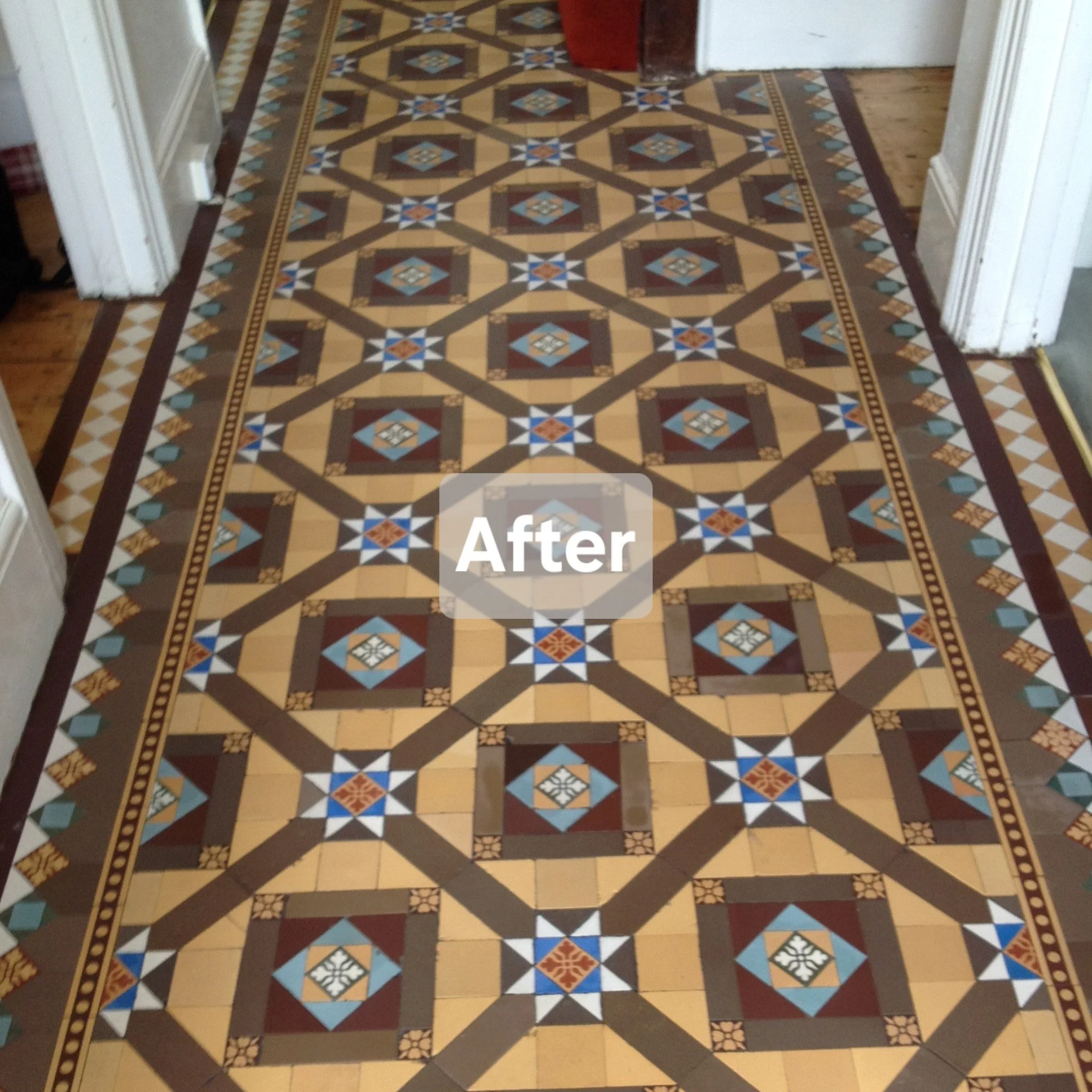 Decorative patterned floor tiles with a geometric design, featuring stars and diamonds in brown, beige, blue, black, and white. The floor is part of an interior space with doorways and wooden flooring and has a label that says 'After'.