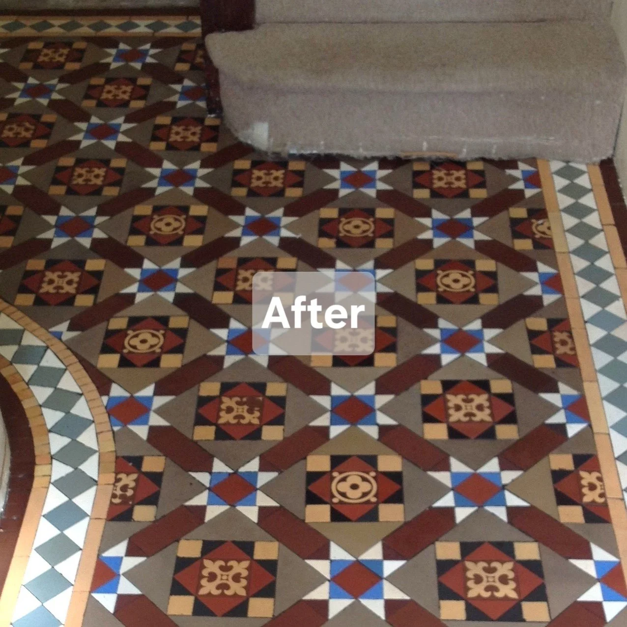 Patterned ceramic floor tiles in red, beige, blue, black, and cream, with an 'After' label in the center.