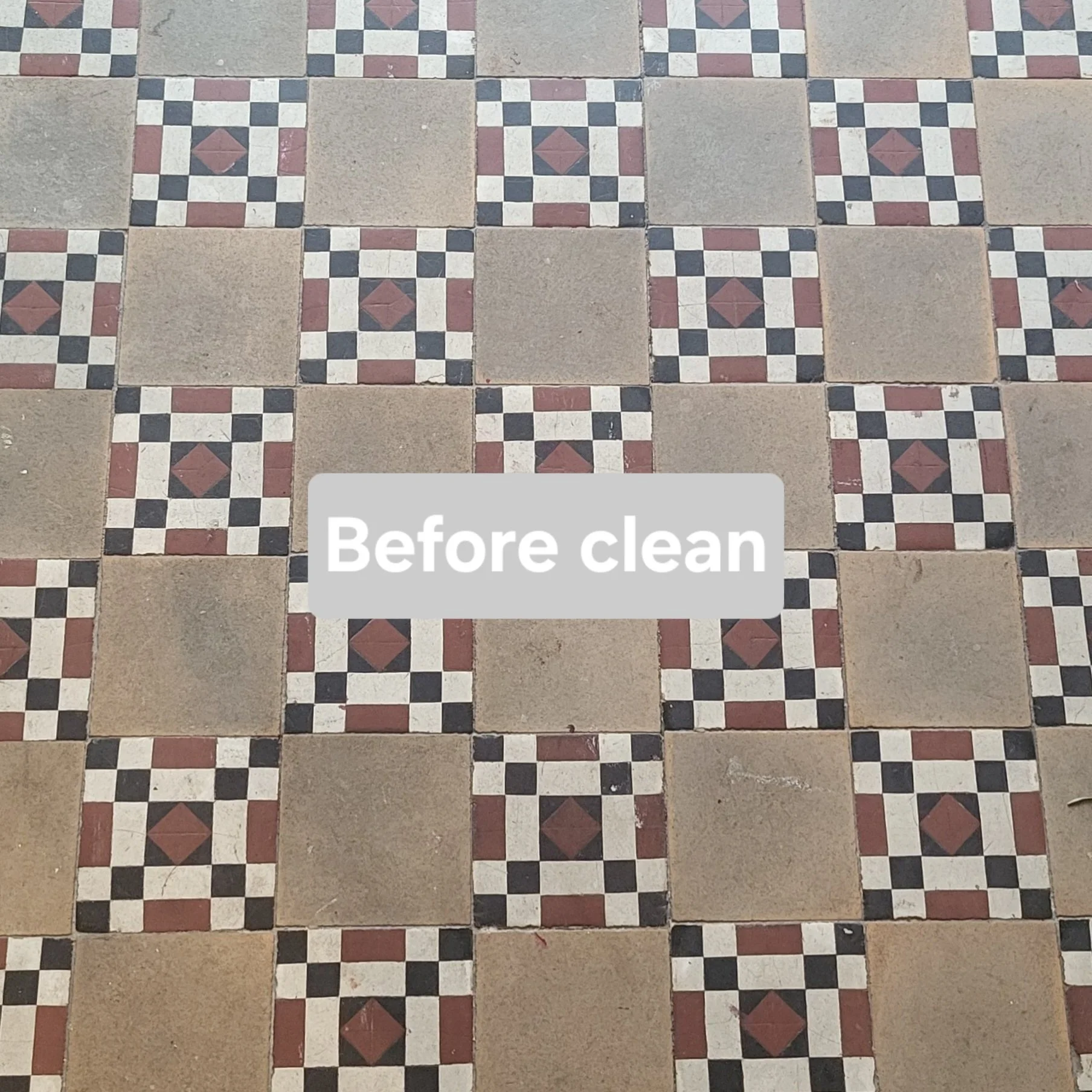 Patterned tile floor with a mix of plain and decorative tiles and the text 'Before clean' in the center.