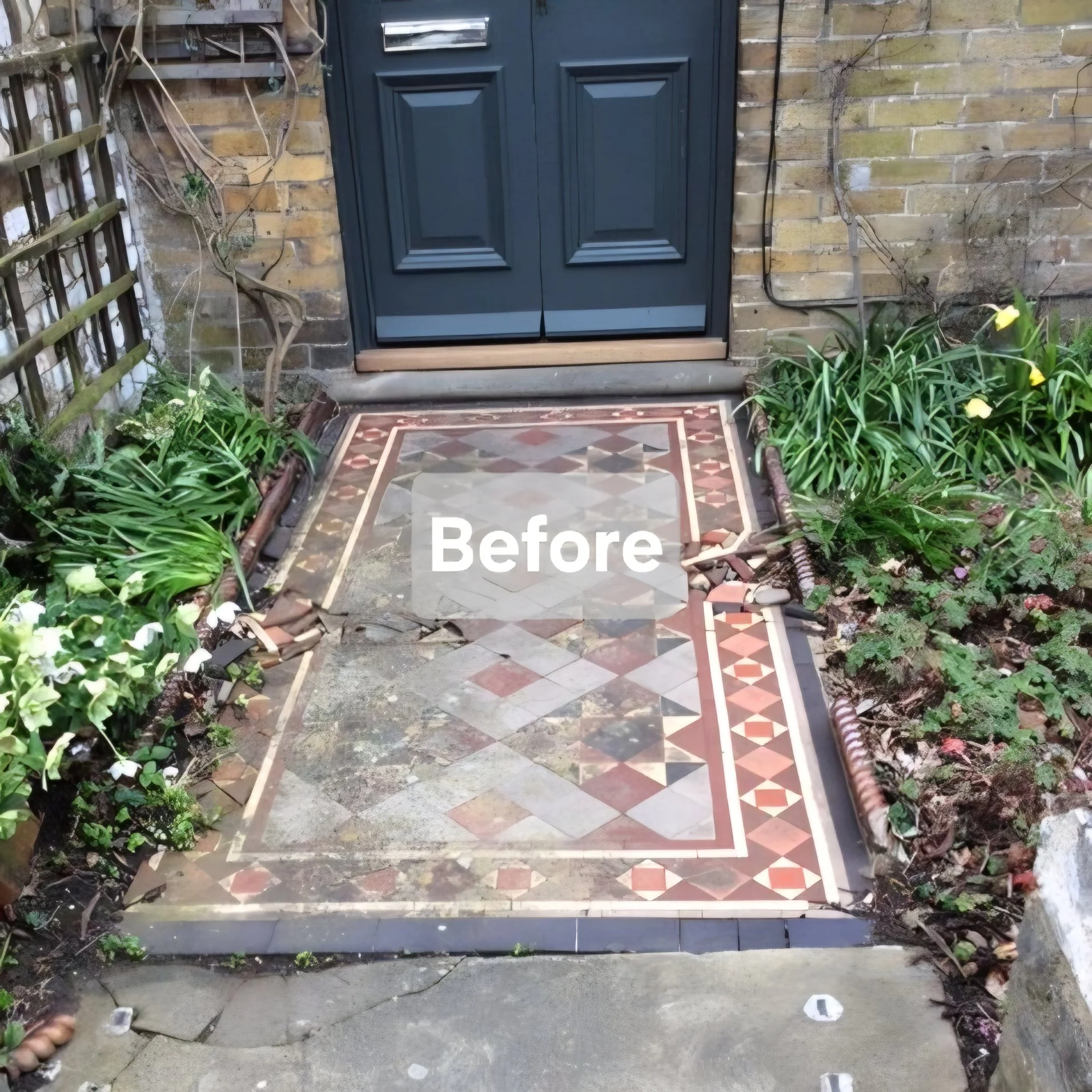 A small front pathway in bad condition with cracked york stone at the pavement,  surrounded by plants and overgrown garden beds Overlay says "Before"