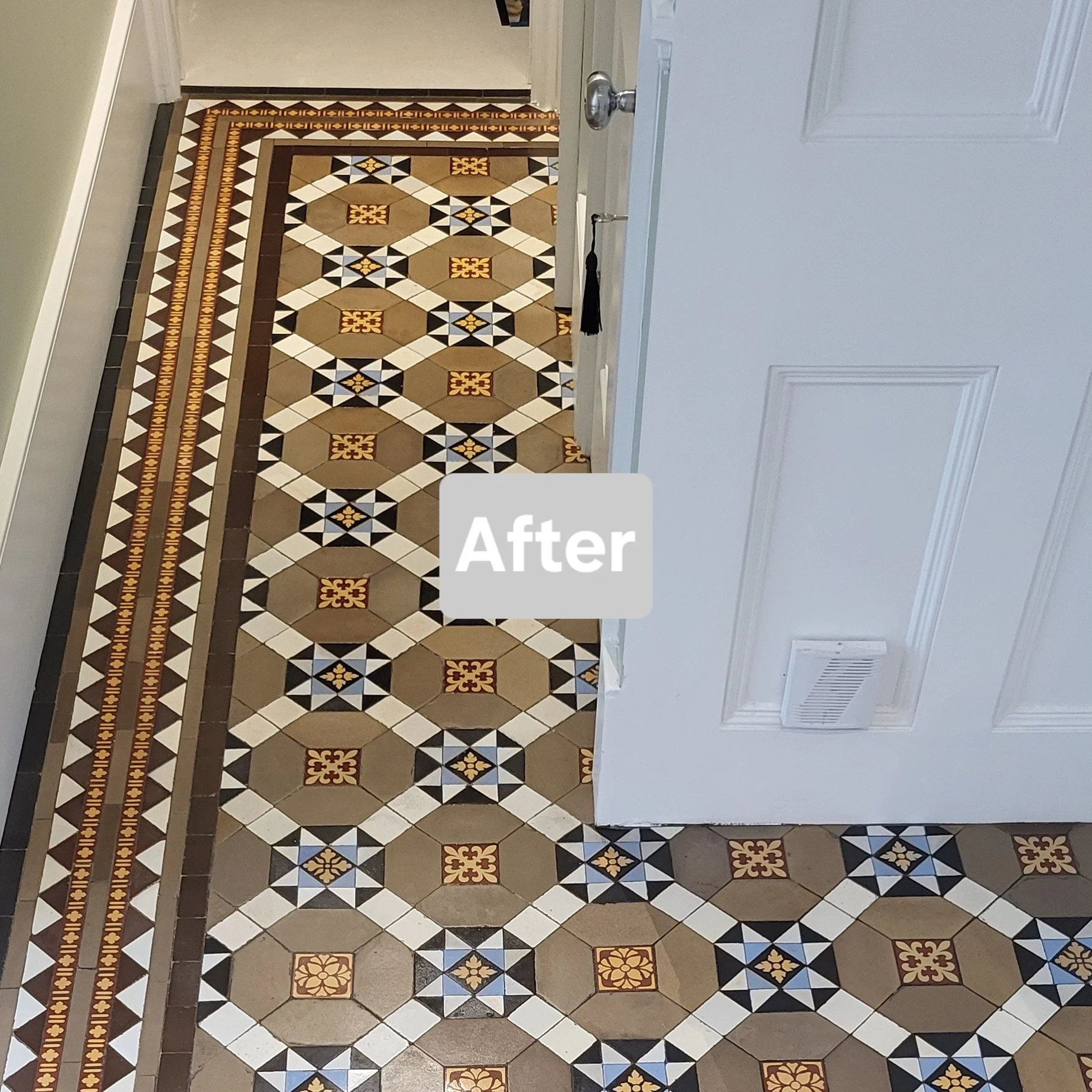 Patterned tile floor with geometric and floral designs, labeled 'After'