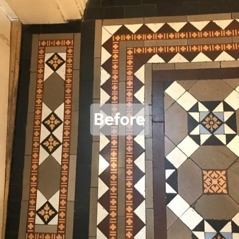 Close-up of vintage patterned floor tiles with geometric designs and border patterns, marked 'Before'