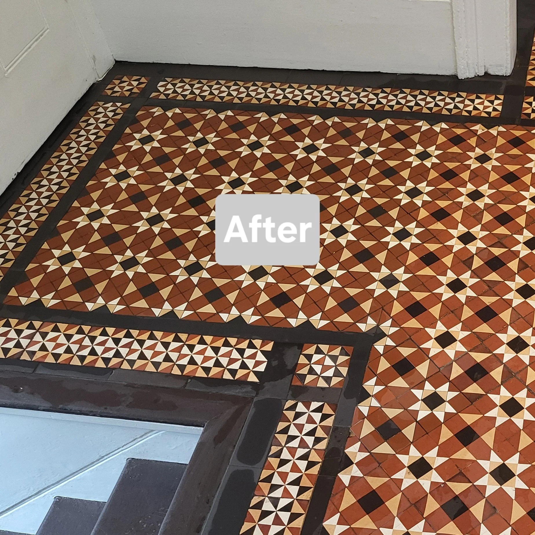 Patterned tile floor with geometric designs in colors including red, black, white, and beige, with the word 'After' overlayed on the center of the image.