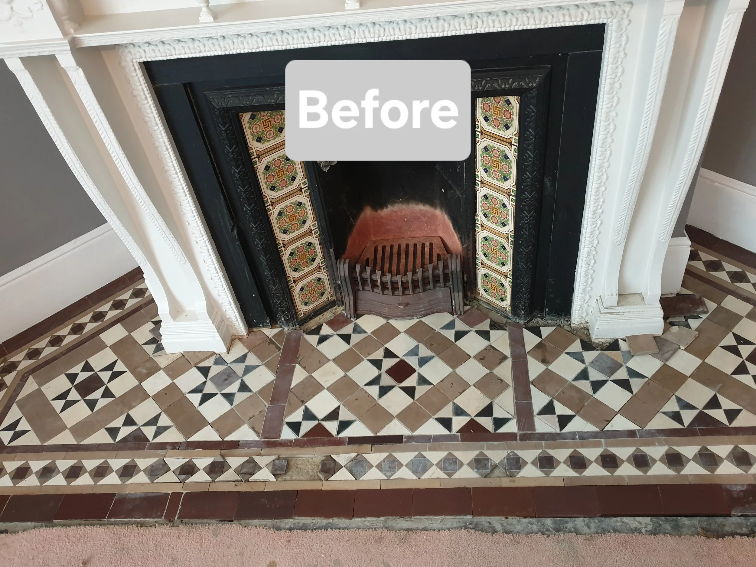 Fireplace with decorative tiles and ornate white mantel, labeled 'Before'.