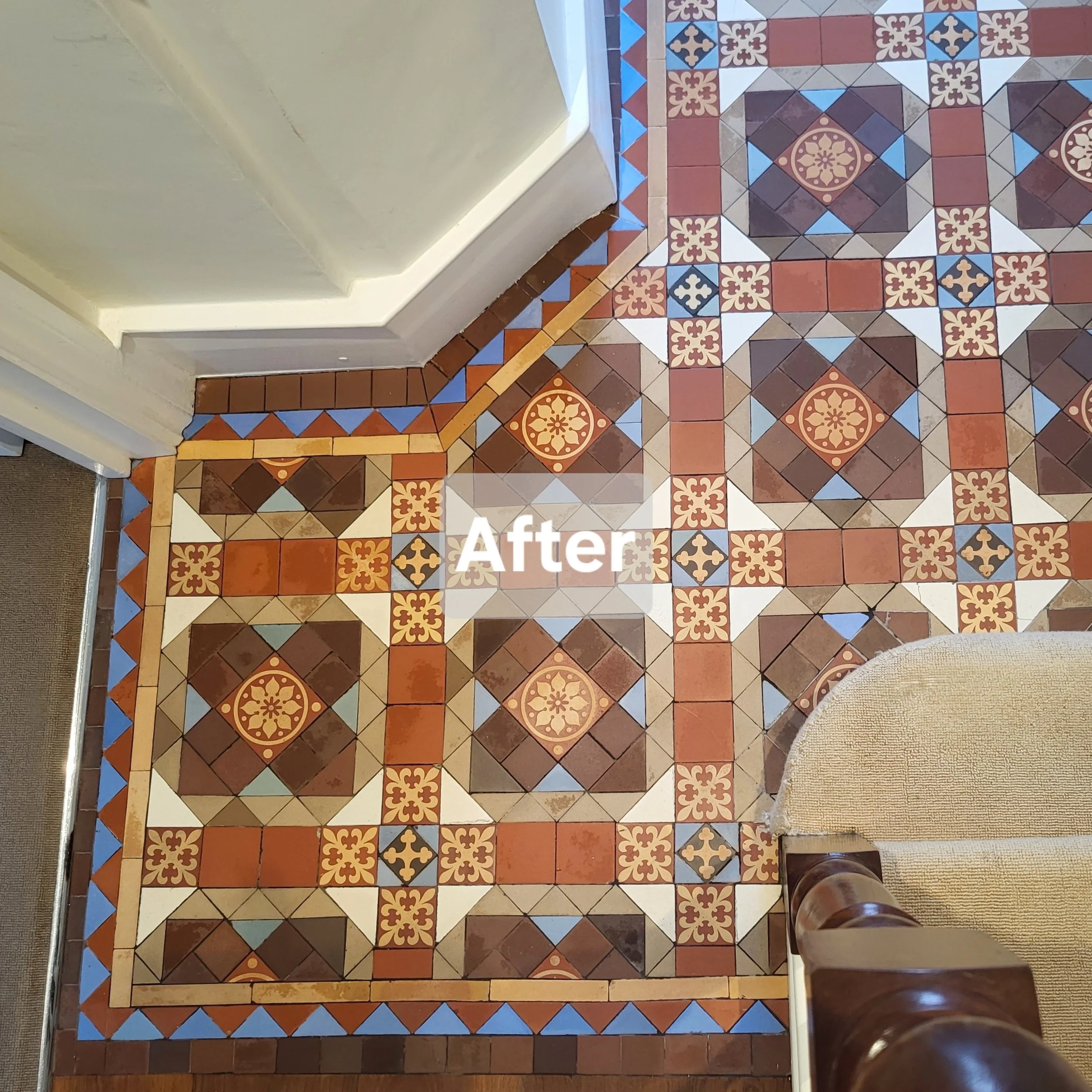 Decorative, patterned tile floor in a room, with a corner where the floor design changes. The word 'After' overlayed in the center.