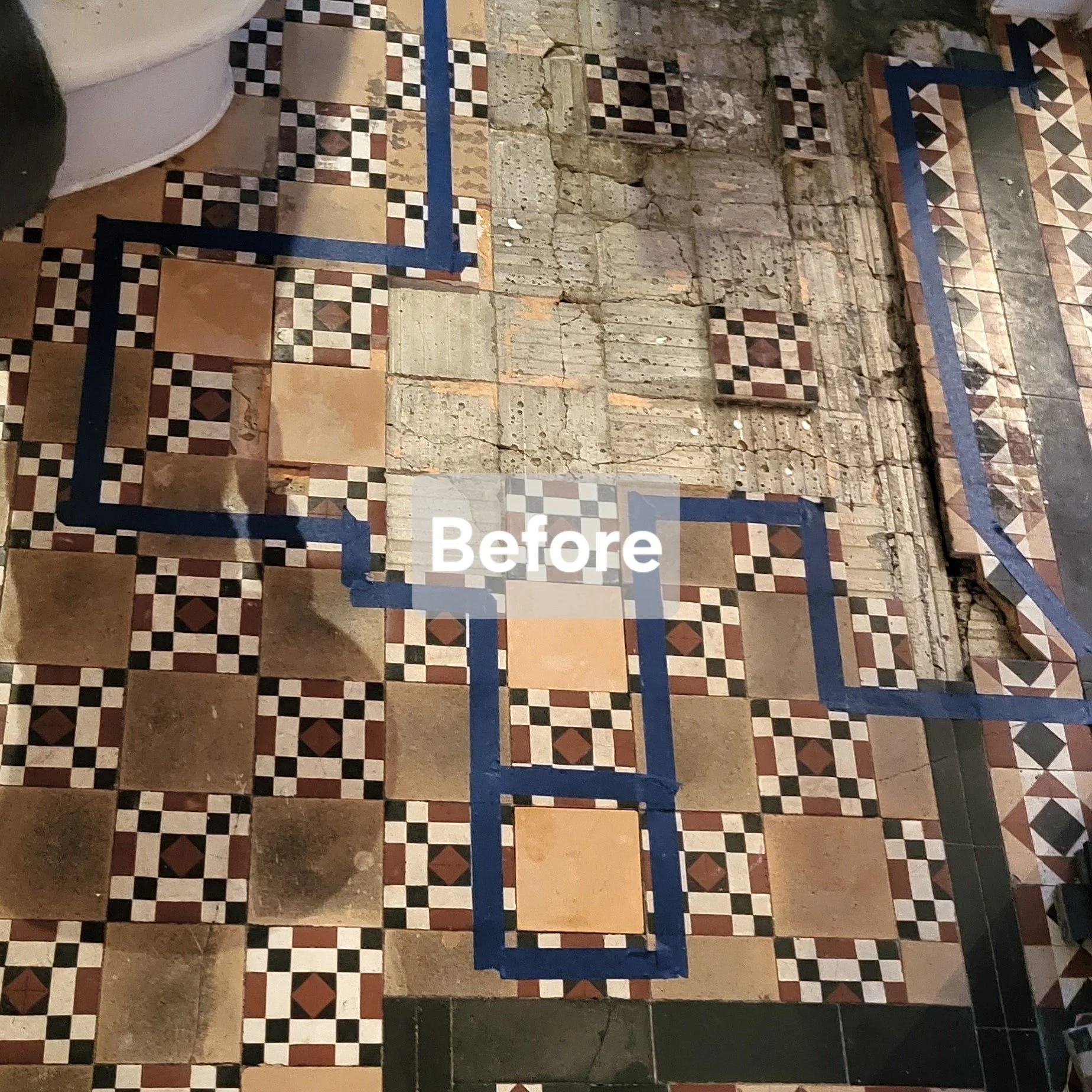 Floor from the 1870s Poole Pottery made with encaustic inlaid tiles and yellow tiles in a chequerboard pattern,  A blue tape outline on part of the floor marks out an area with tiled removed.  A white overlay with the word 'Before'.