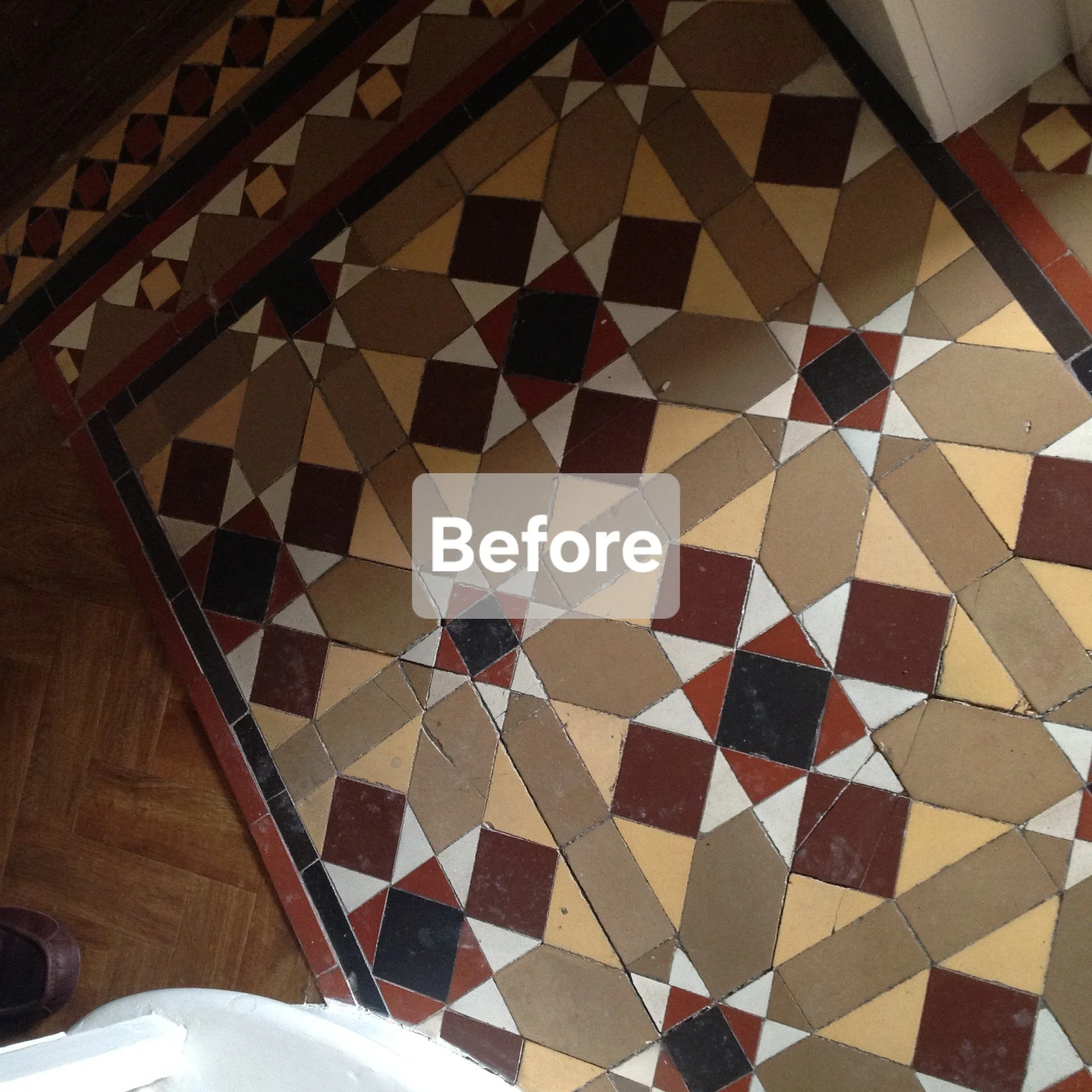 A decorative tiled floor with geometric patterns in red, black, white, and beige colors, marked with the word 'Before'.