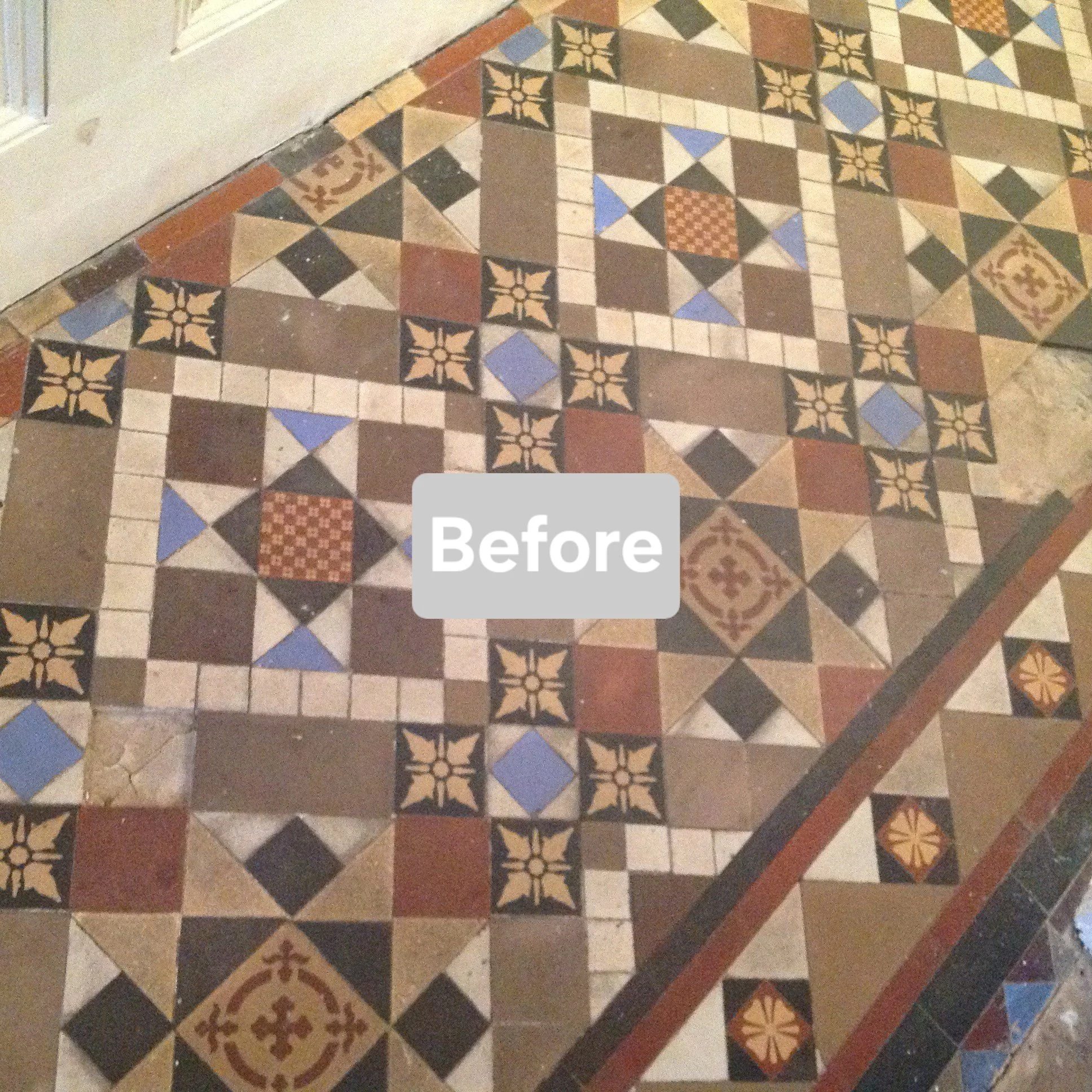 A section of a patterned tiled floor with various geometric designs and colors, marked with the word 'Before'.