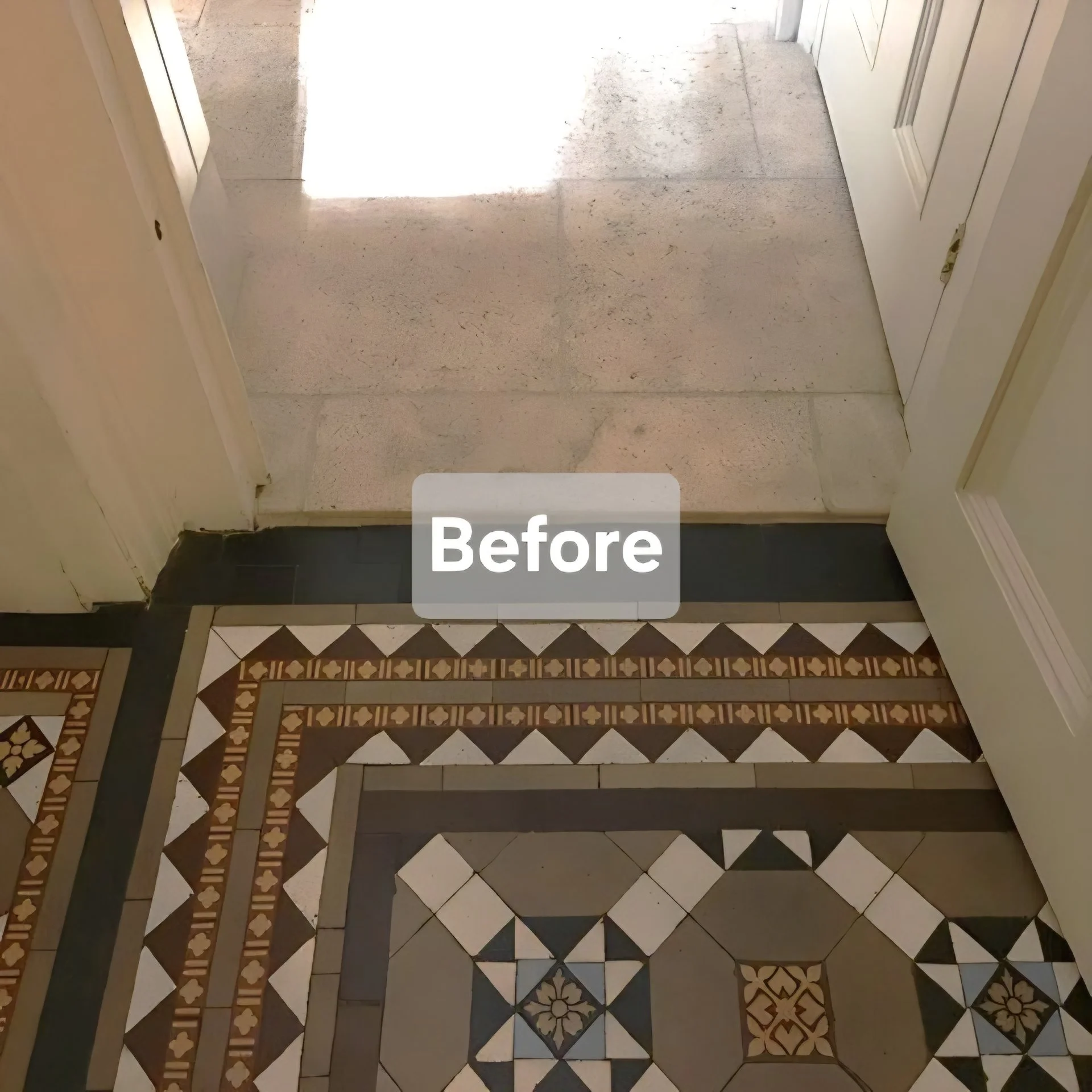 The image shows a transition from a tile floor to a carpeted or different floor area. The tile floor has intricate geometric and floral patterns in black, white, gray, and brown colors. The word 'Before' is overlaid on the image.