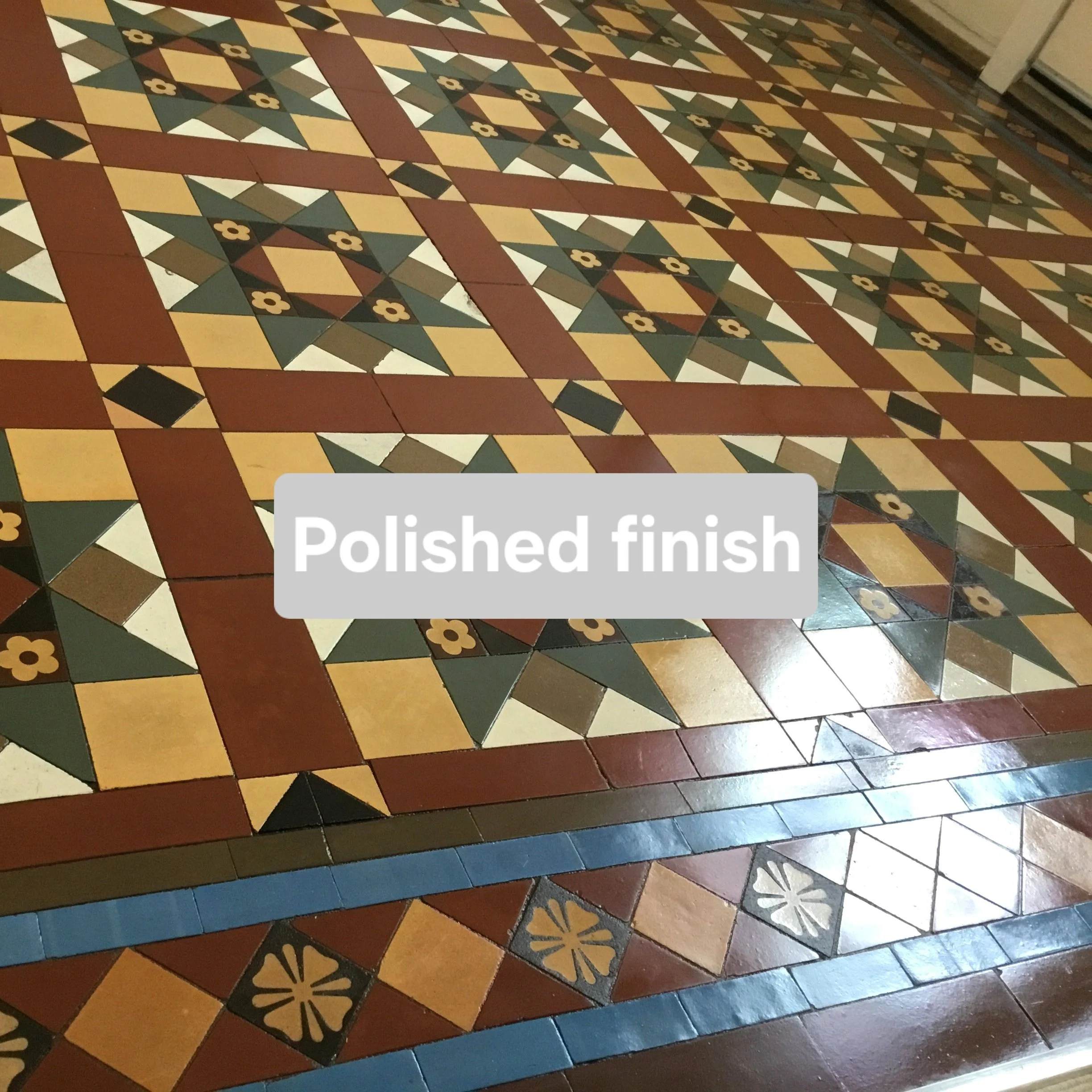 Colorful patterned tile floor with the words 'Polished finish' overlayed.
