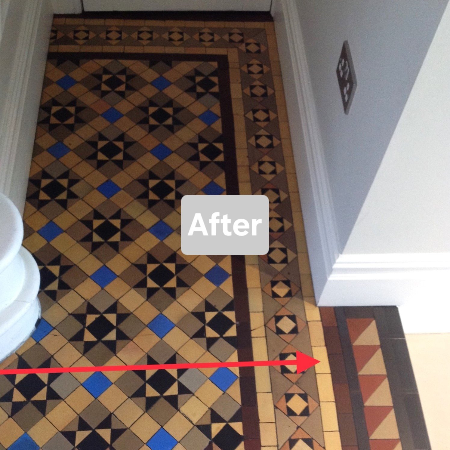 Patterned tile floor with geometric designs in black, beige, brown, and blue, next to a white wall with an electrical outlet, and a baseboard trim, labeled 'After'.