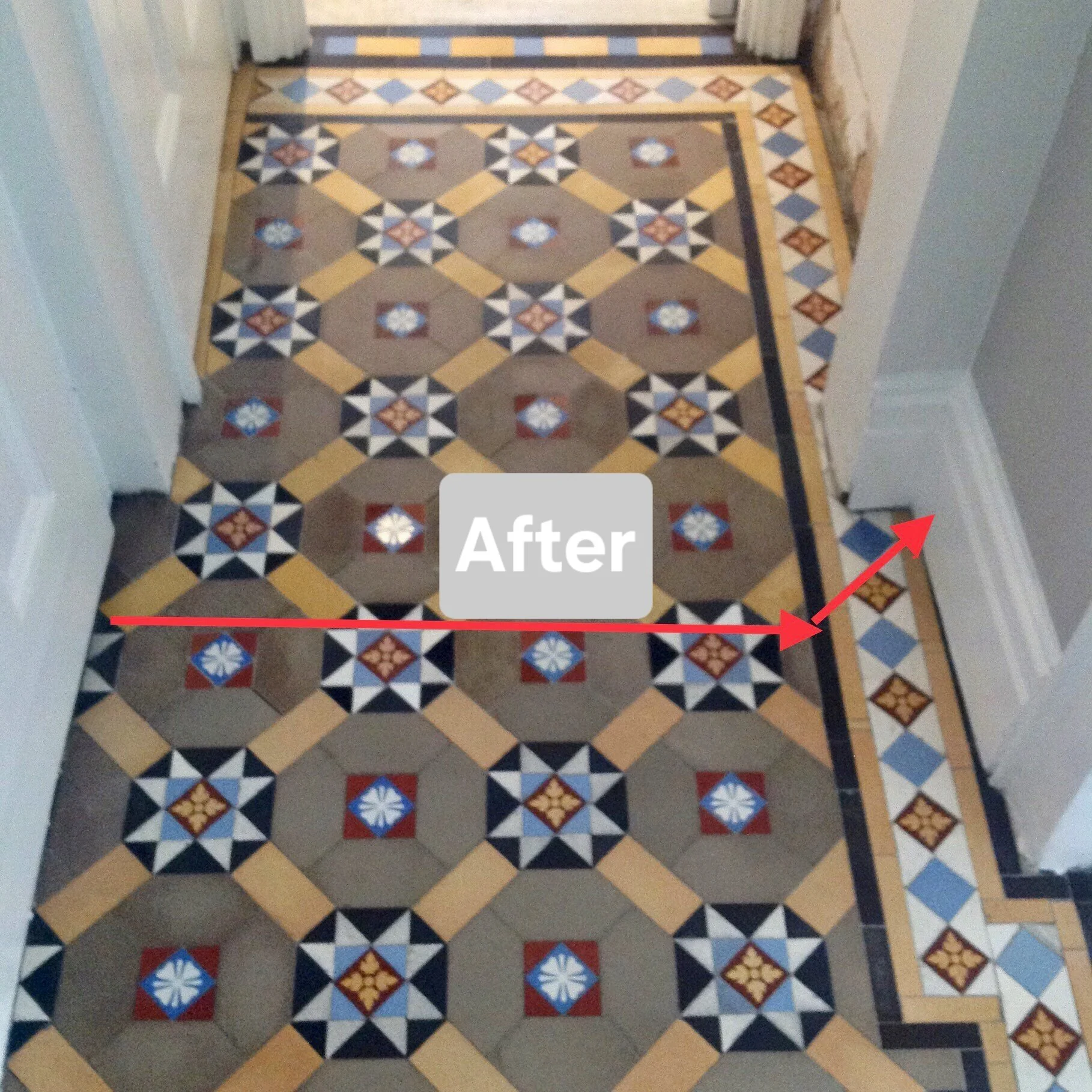 A decorative floor tile pattern with a pink and grey background, black and white star shape motifs, surrounded by a border of light yellow and blue tiles. The word 'After' is overlaid on the image with an arrow pointing to the right, indicating a mea