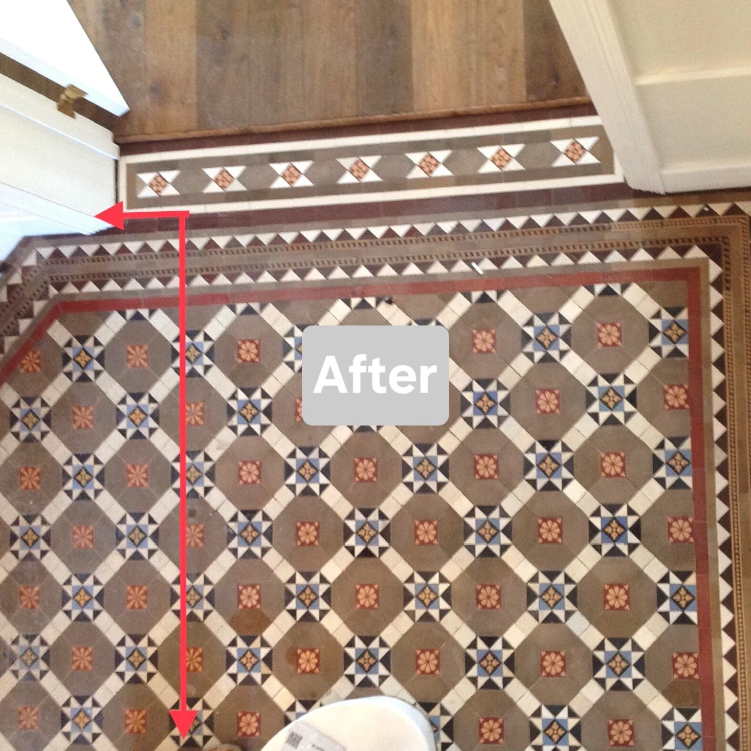 Before and after comparison of a decorative patterned floor with the word 'After' superimposed.