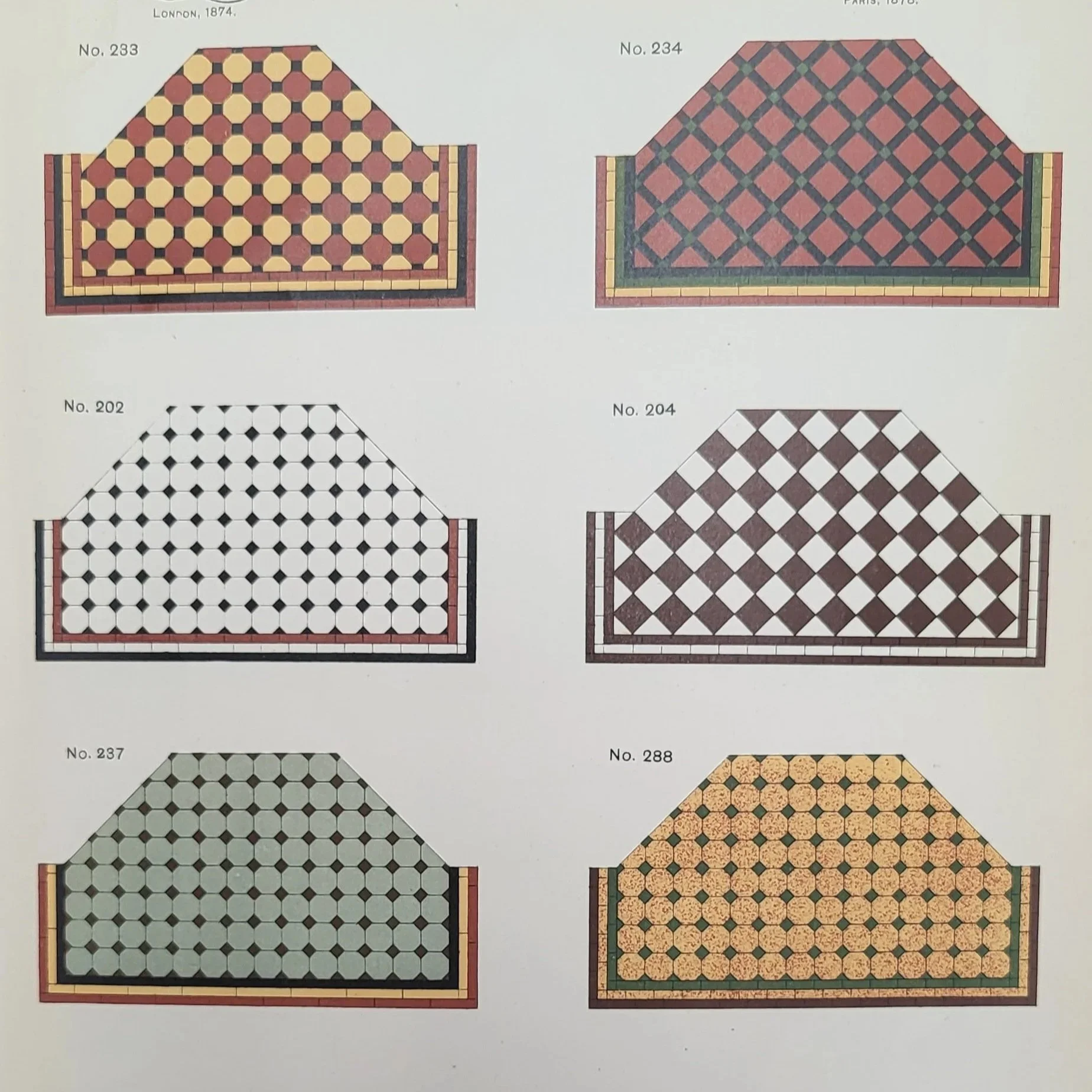 A page displaying various vintage tile patterns numbered 202, 204, 237, and 288, with some patterns in color and others in black and white, from an older publication.