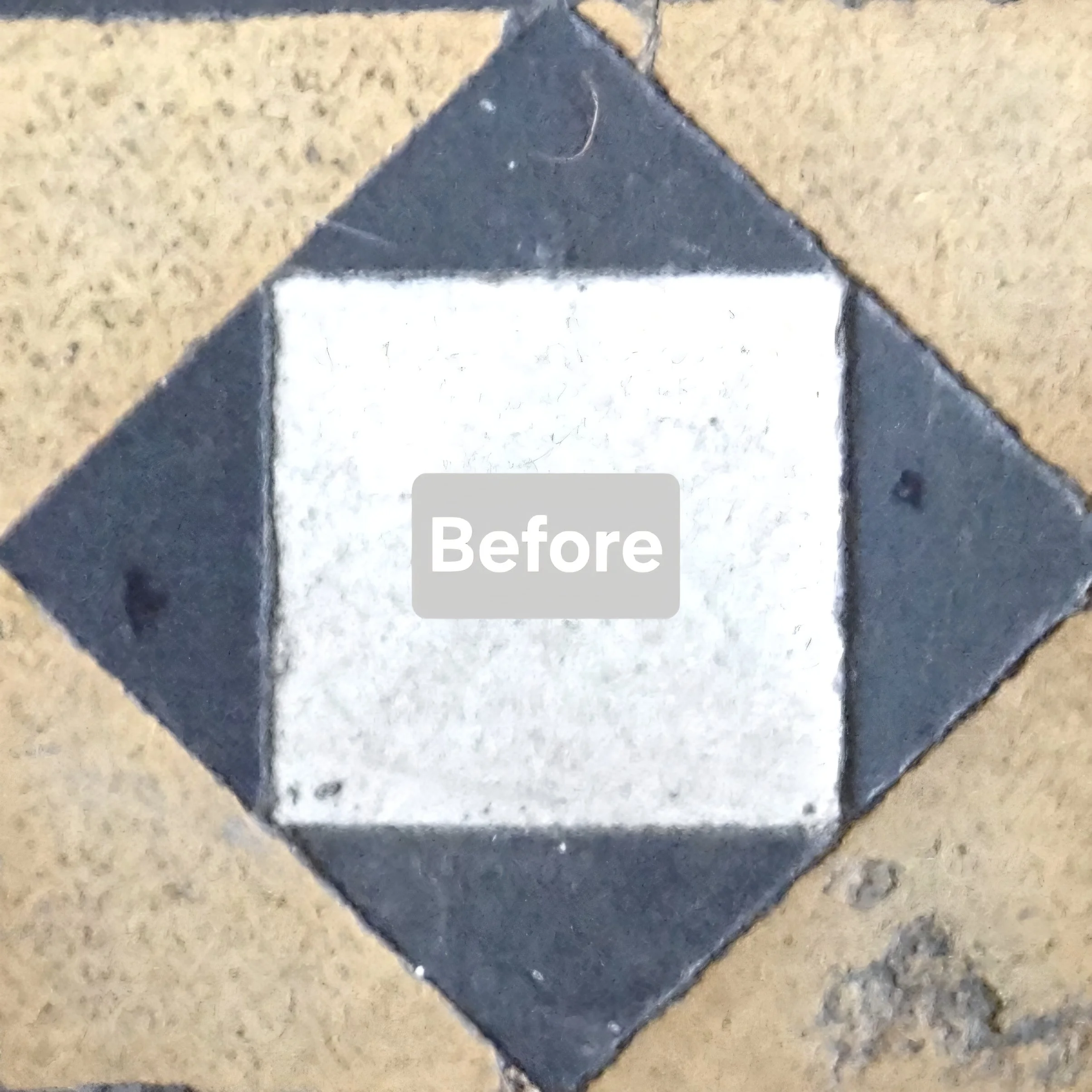 A small square made of nine tiles in yellow black and white, marked with the word 'Before'.