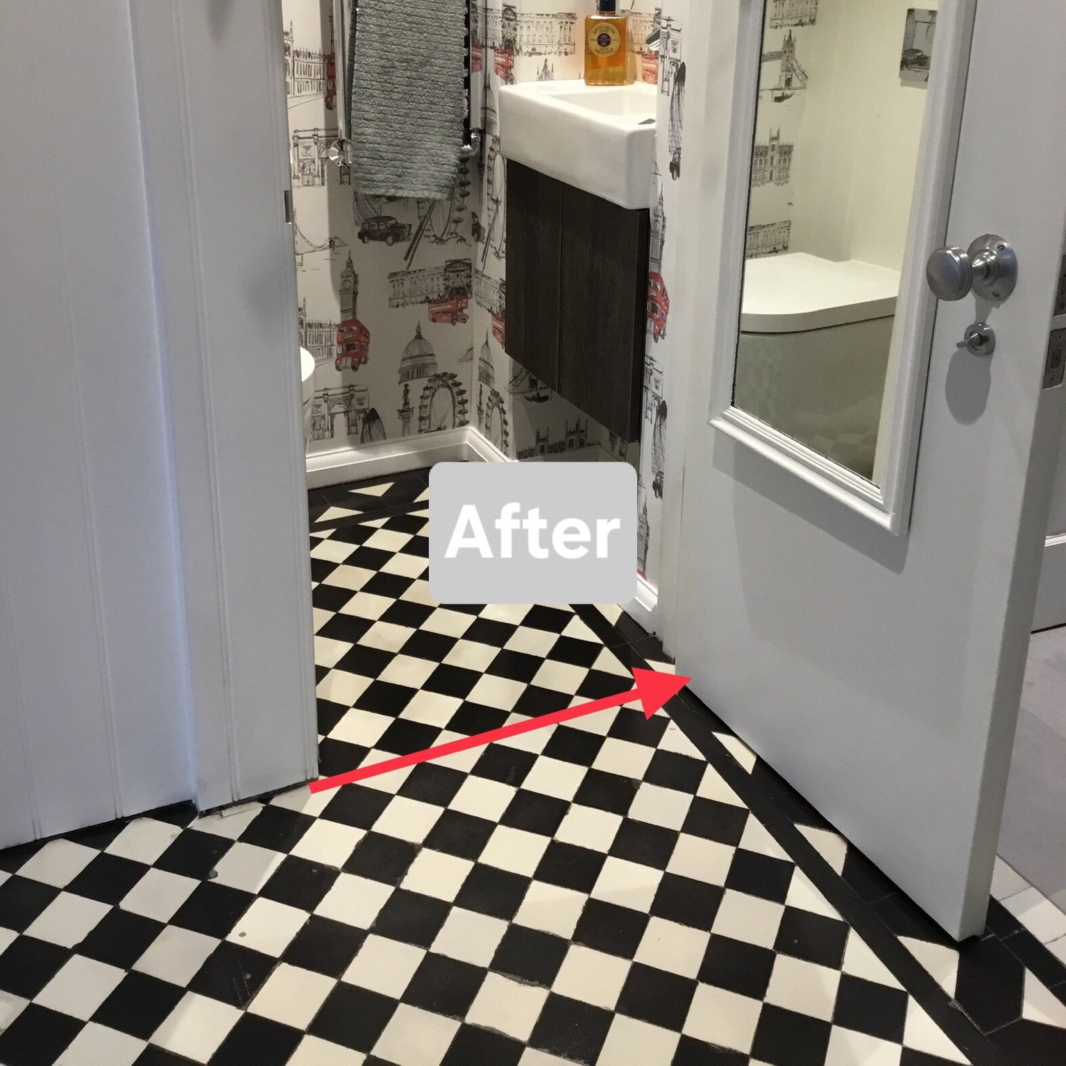 Bathroom with black and white checkered floor, white door with a mirror, vanity with sink, and a separate toilet area visible in the background. The image has a label "After" indicating a renovation or makeover.