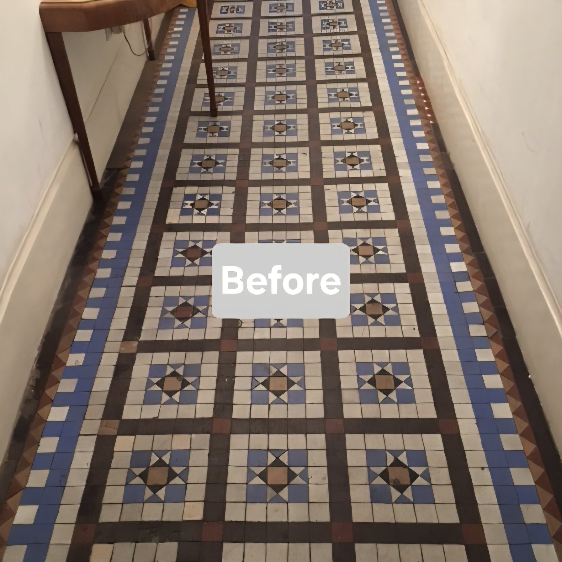 A large hallway floor  in a communal London garden square block, labeled 'Before'.