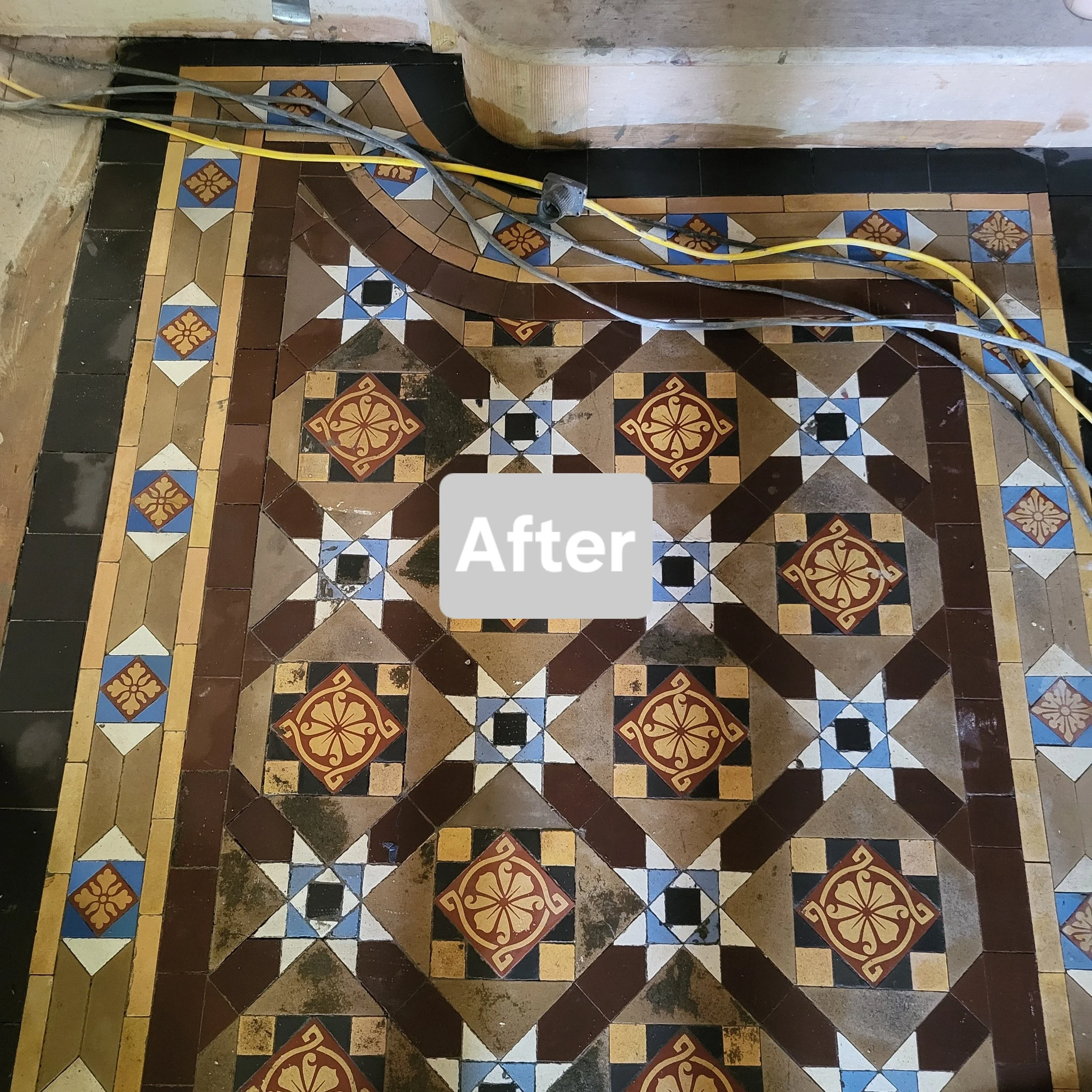 Finished tile flooring with geometric and floral patterns in shades of brown, beige, black, white, and blue, labeled 'After'.