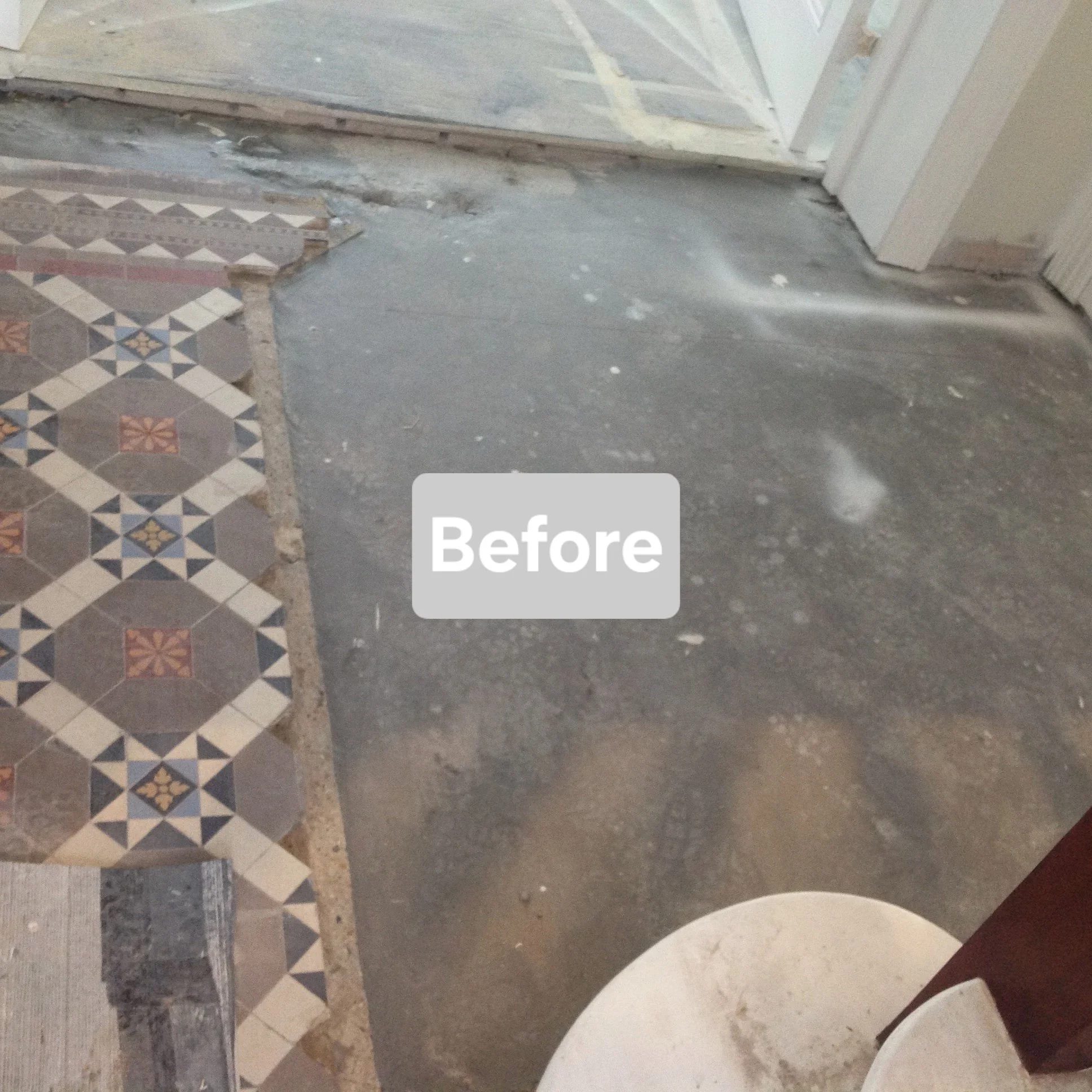 Interior view of a room under renovation with a partially removed floor, exposing concrete and old tile patterns, with a 'Before' label in the center.
