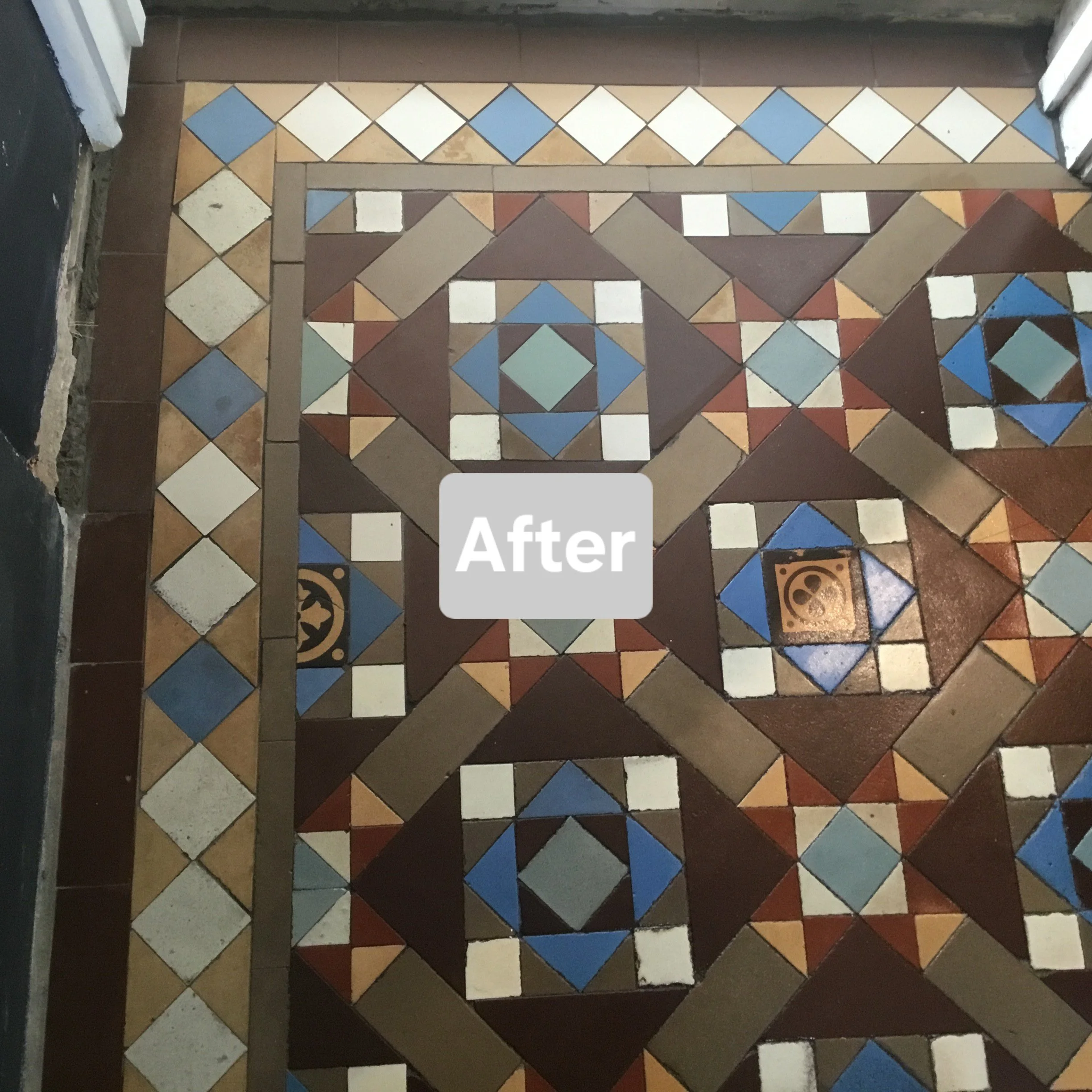 Hallway end restored seamlessly using vintage tiles that match and labelled "After."