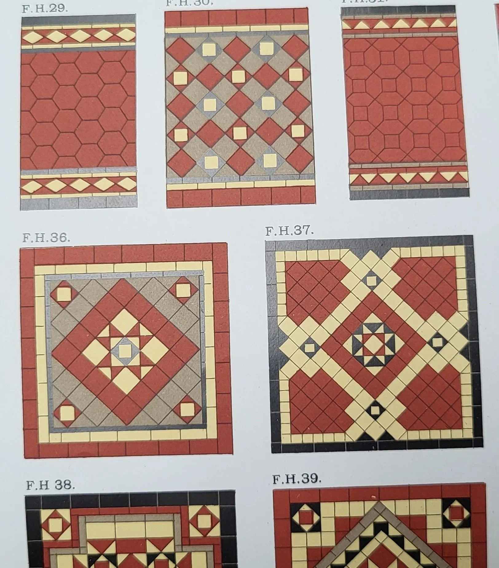 Three different patterns of tiled floor designs. The top row shows three patterns: the first with large red hexagons, the second with a diamond pattern with red, grey, and cream-colored tiles, and the third with a similar honeycomb pattern but with a border of triangular shapes at the top. The bottom row shows three additional patterns with similar color schemes but different geometric arrangements.