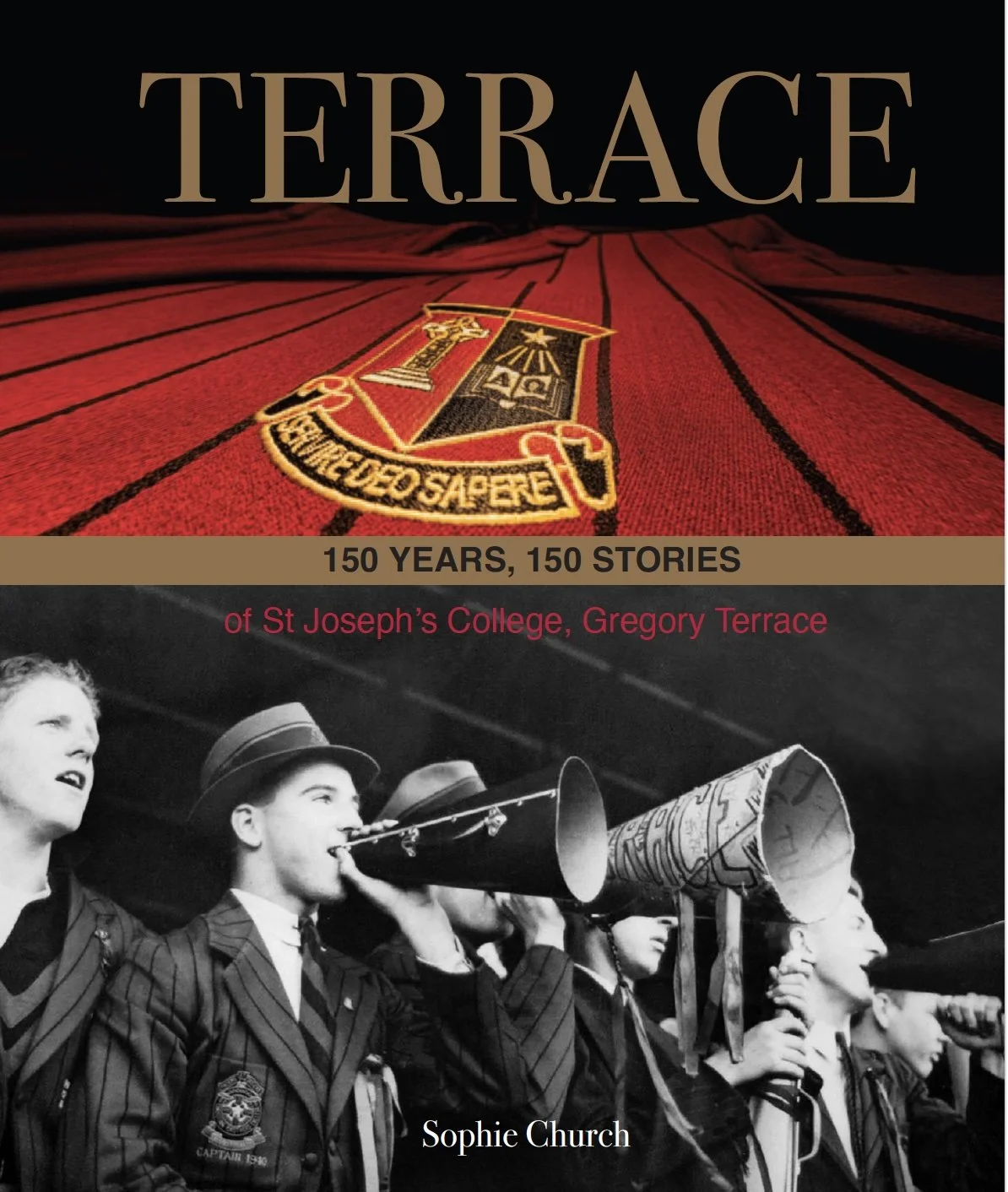 Book cover titled "TERRACE" with a subtitle "150 YEARS, 150 STORIES" of St Joseph's College, Gregory Terrace. The cover features a red patterned fabric with a crest and a black-and-white photo of young people in scout uniforms, some playing musical instruments like a trumpet, at a scouting event. The author's name is Sophie Church.