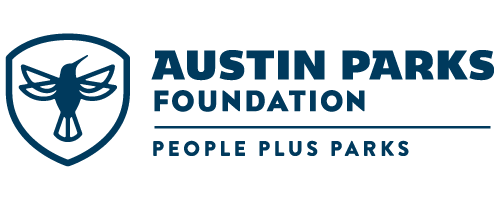 Logo of the Austin Parks Foundation featuring a stylized bird within a shield, with text 'Austin Parks Foundation' and slogan 'People Plus Parks'.