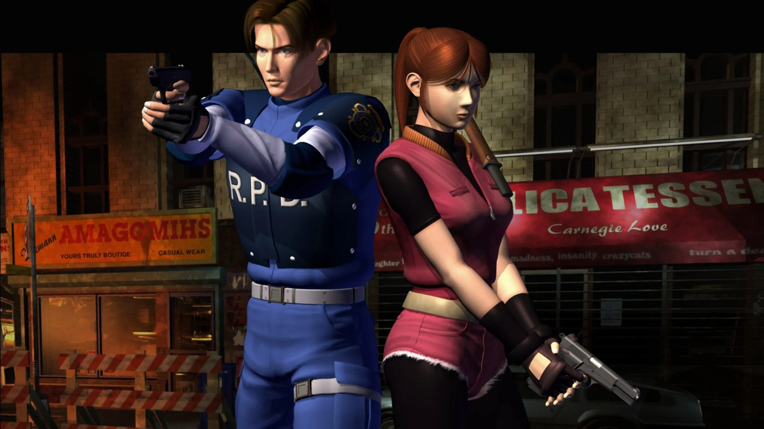 3D rendered image of Leon and Claire standing shoulder t shoulder at a Raccoon City street
