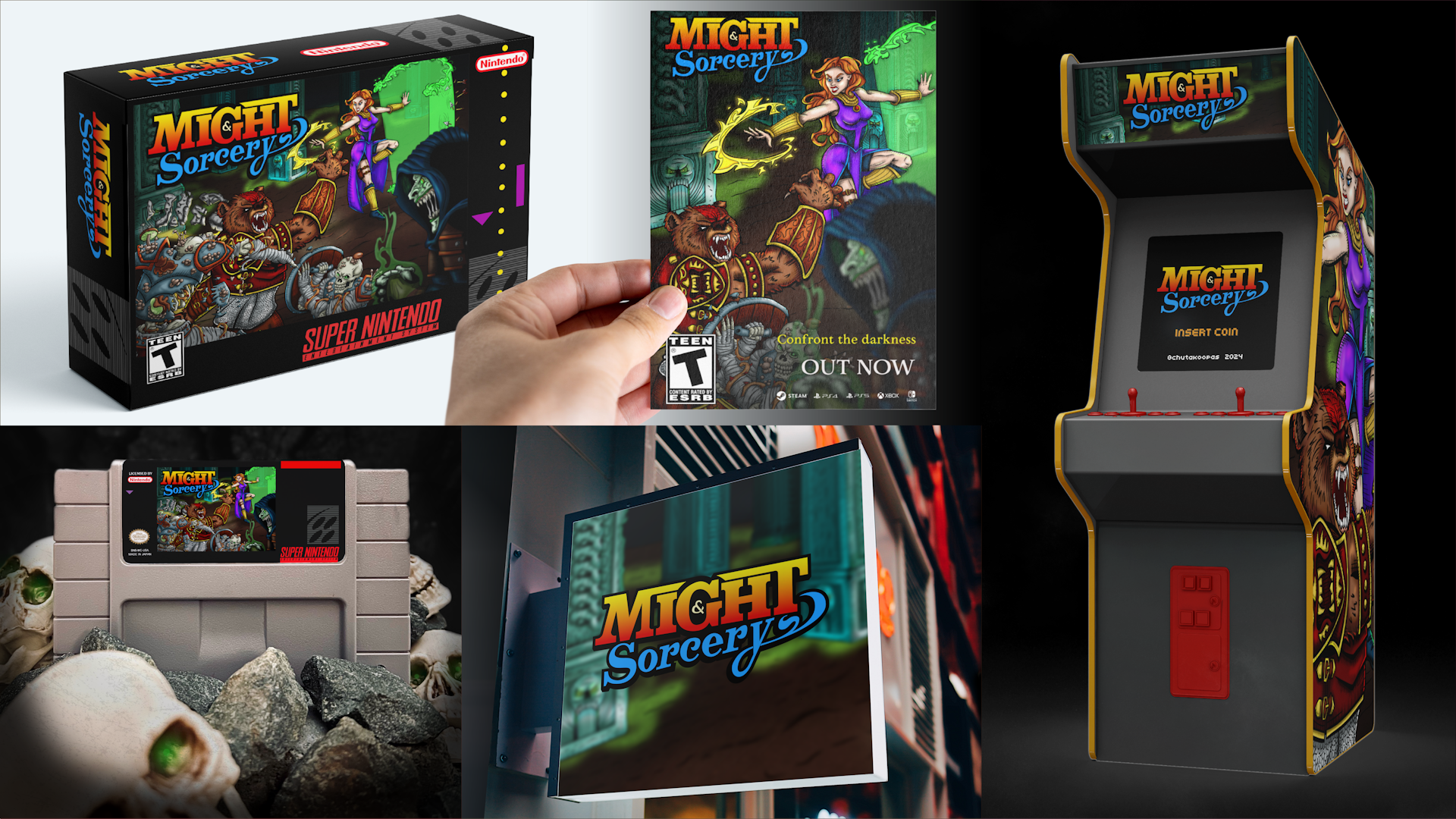 Mockup set: an SNES box cover, an A6 flyer, an SNES cartridge label, a square wall sign, and an Arcade cabinet, decorated with the Might & Sorcery art and colors